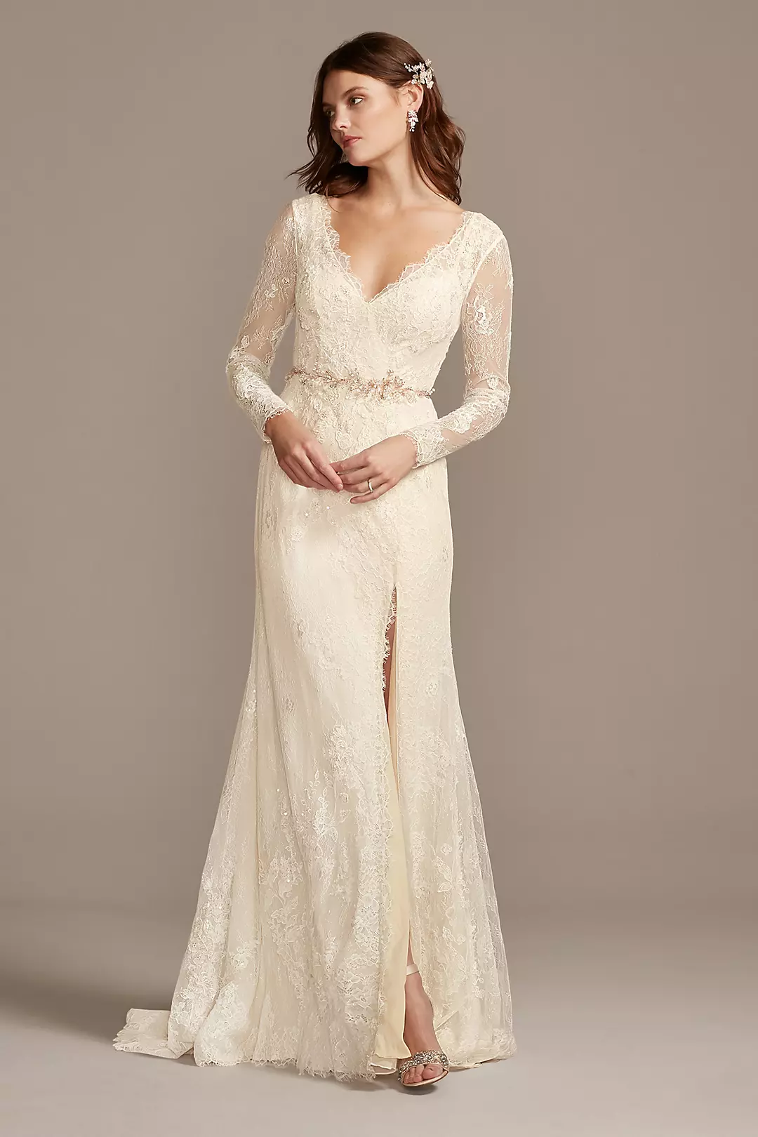 Illusion Long Sleeve Faux Surplice Wedding Dress - Image 20