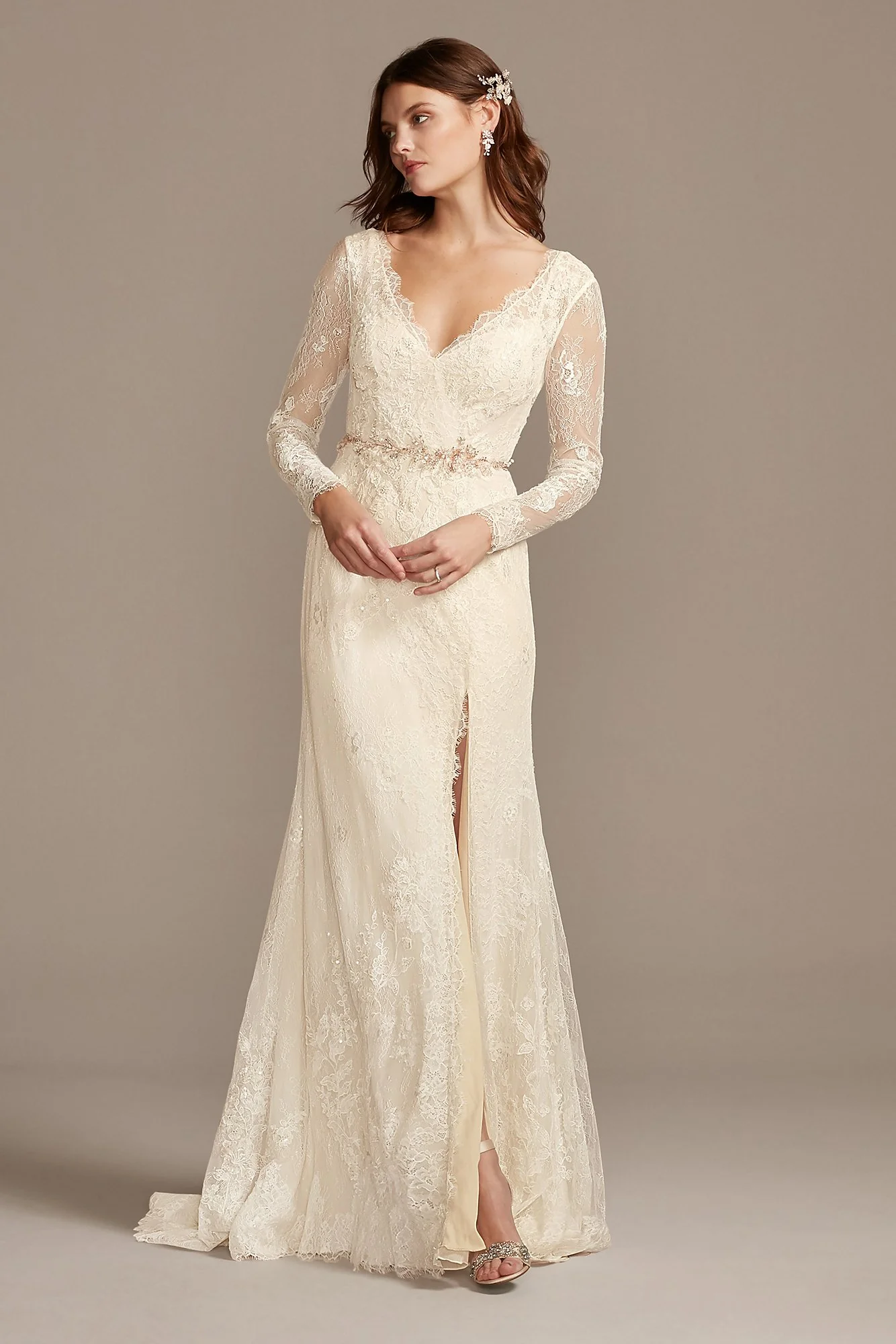 Illusion Long Sleeve Faux Surplice Wedding Dress - Image 3