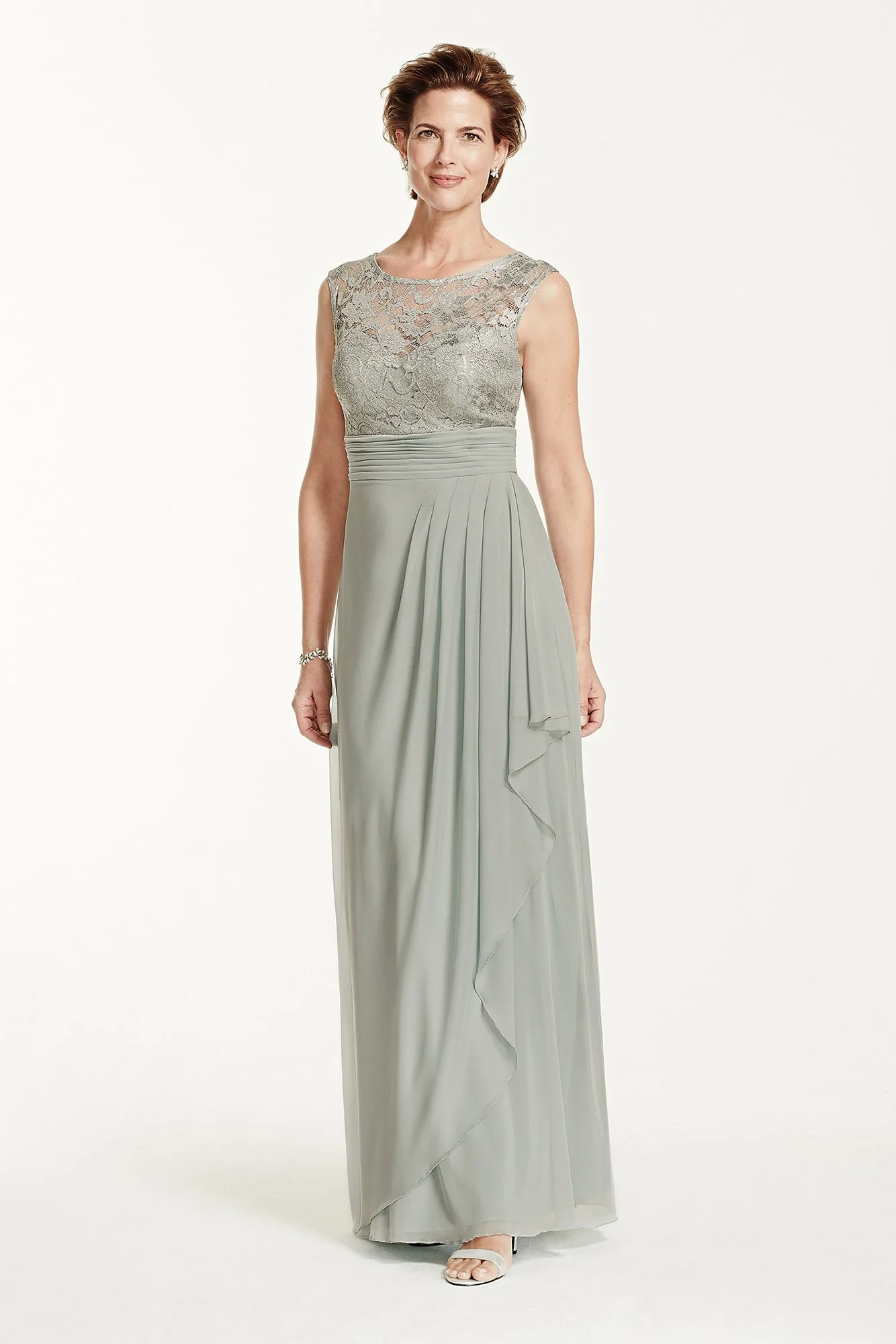 Illusion Metallic Lace Dress with Draped Skirt - Image 2