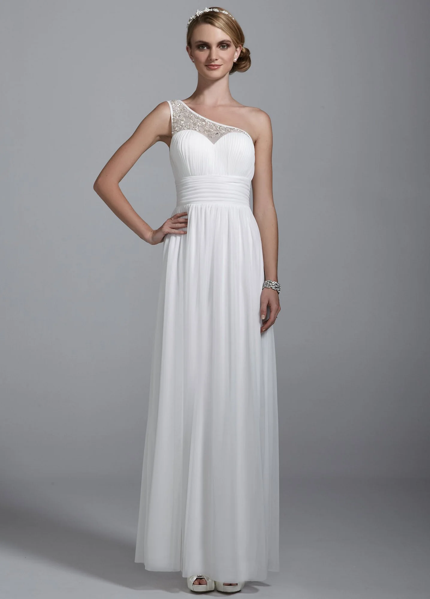 Illusion One Shoulder All Over Beaded Ruched Gown
