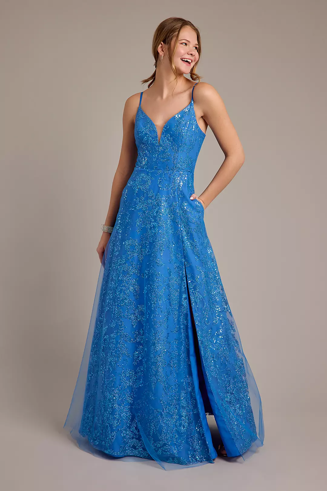 Illusion Plunge Glitter A-Line Dress - Image 2