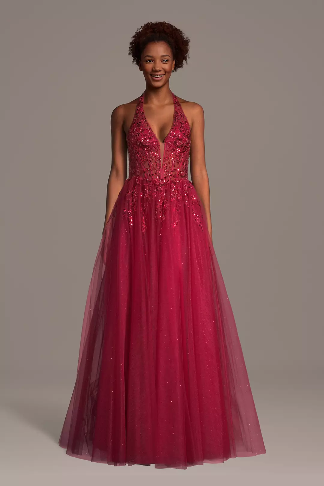 Illusion Plunge Halter Ball Gown with Appliques - Image 5