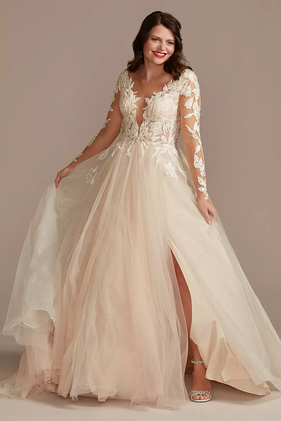 Illusion Plunge Lace Appliqued Wedding Dress - Image 45