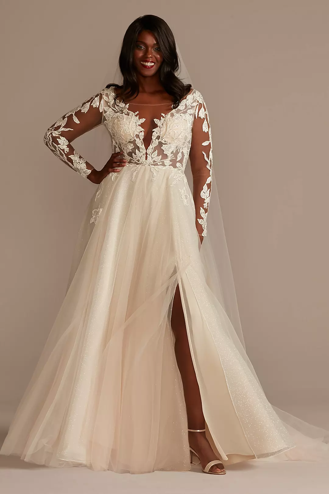 Illusion Plunge Lace Appliqued Wedding Dress - Image 59