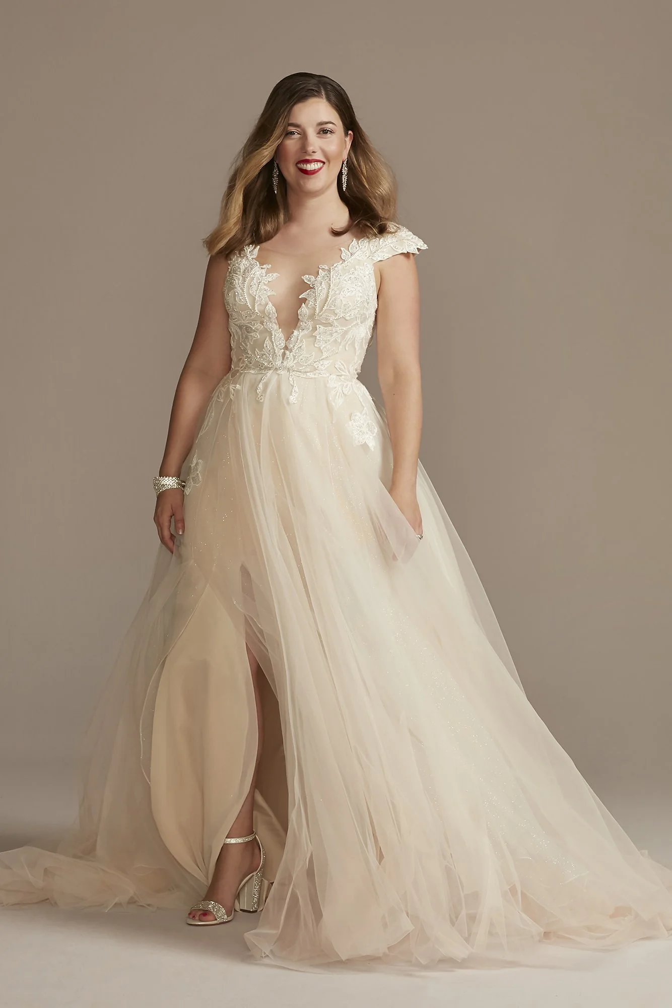 Illusion Plunge Lace Appliqued Wedding Dress - Image 41