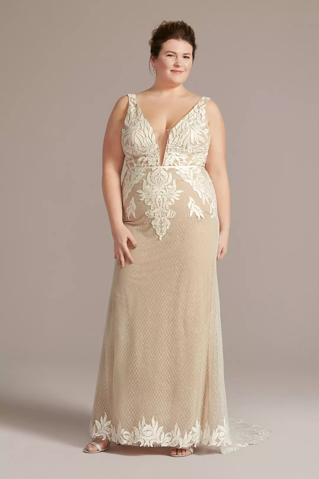 Illusion Plunge Lattice Skirt Wedding Gown - Image 3