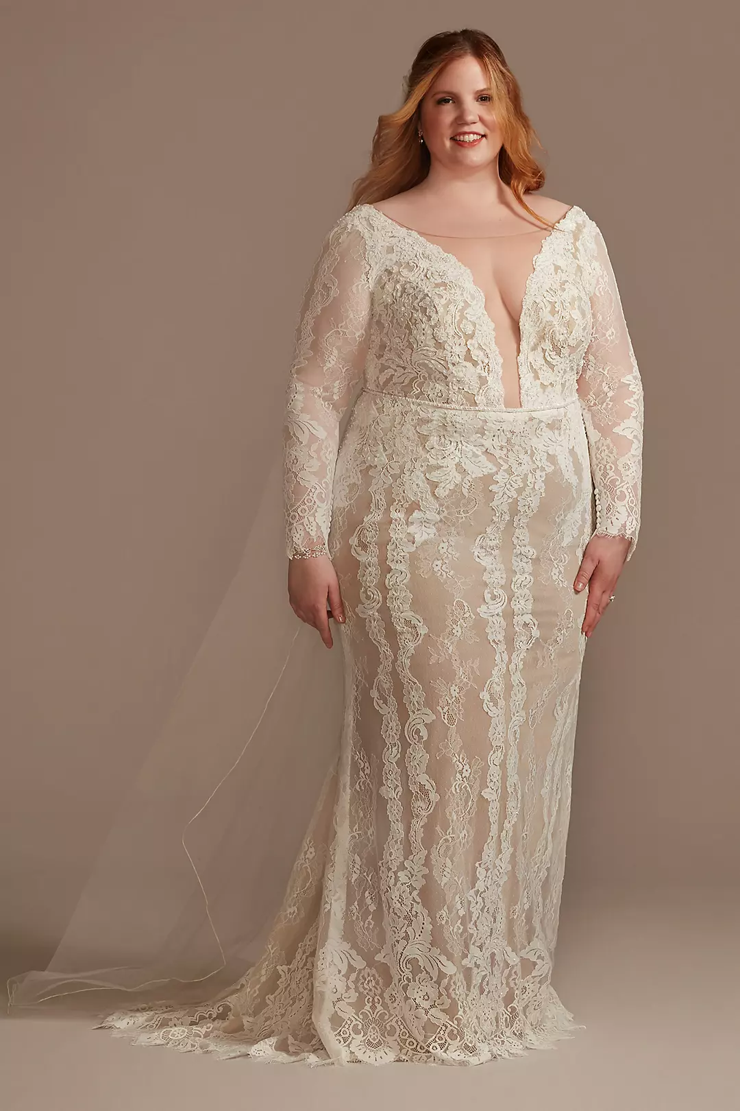 Illusion Plunge Long Sleeve Lace Wedding Dress - Image 20