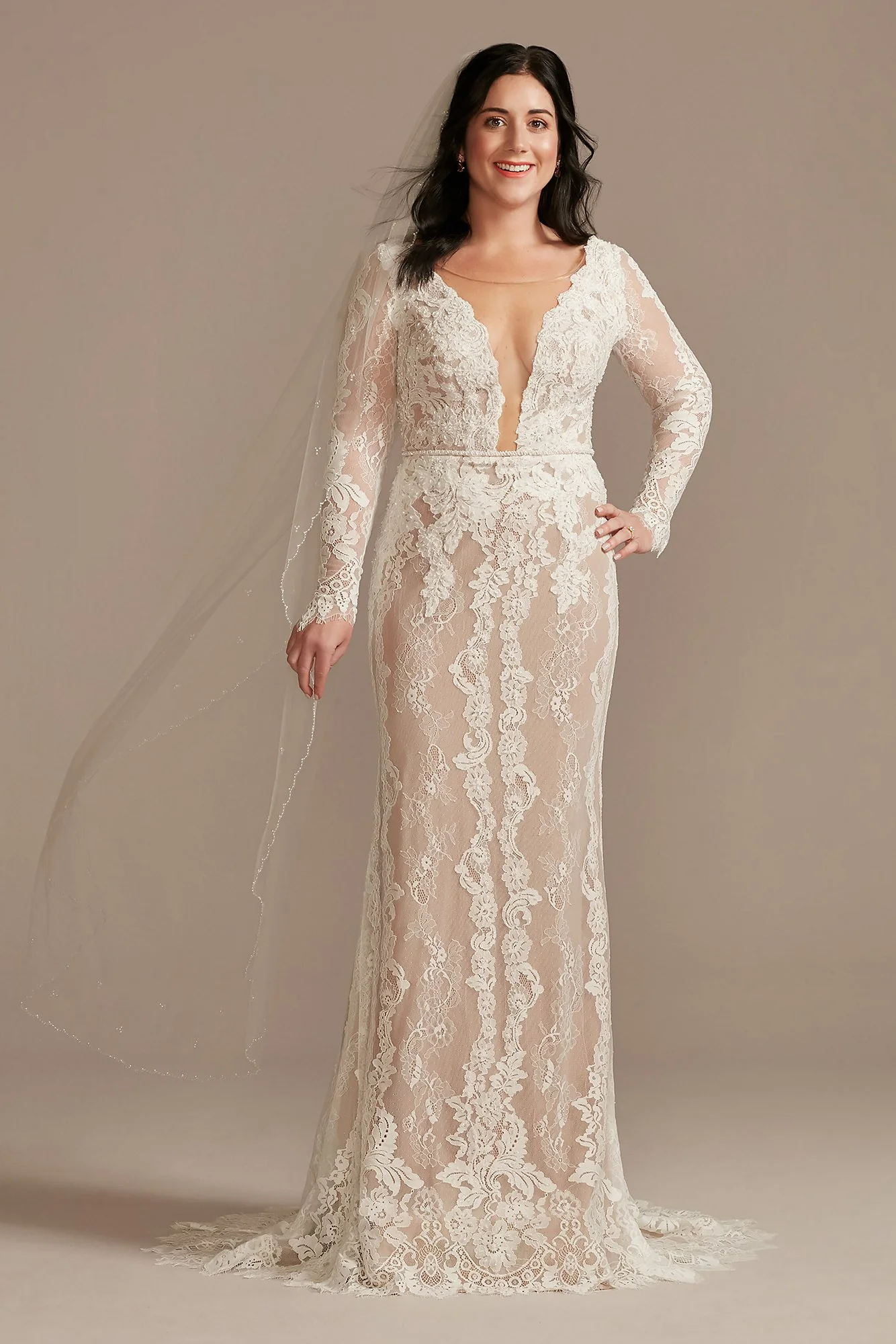 Illusion Plunge Long Sleeve Lace Wedding Dress - Image 3