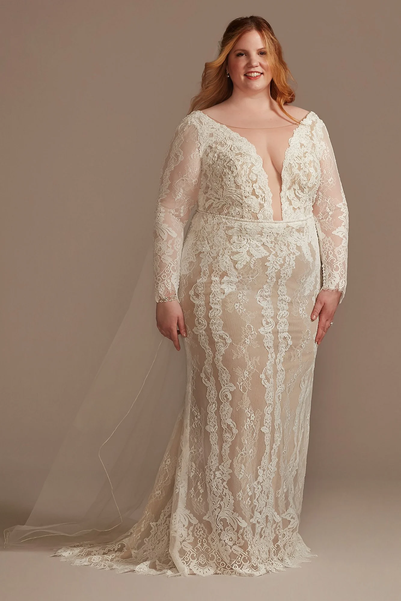 Illusion Plunge Long Sleeve Lace Wedding Dress - Image 5