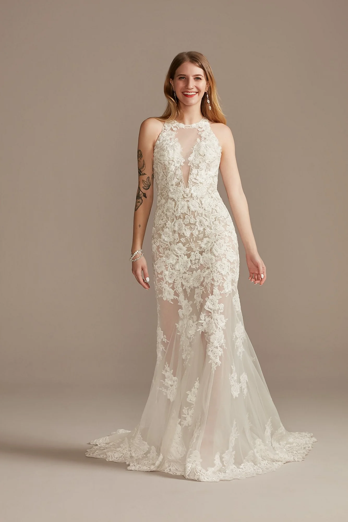 Illusion Sequin Floral Applique Wedding Dress - Image 2