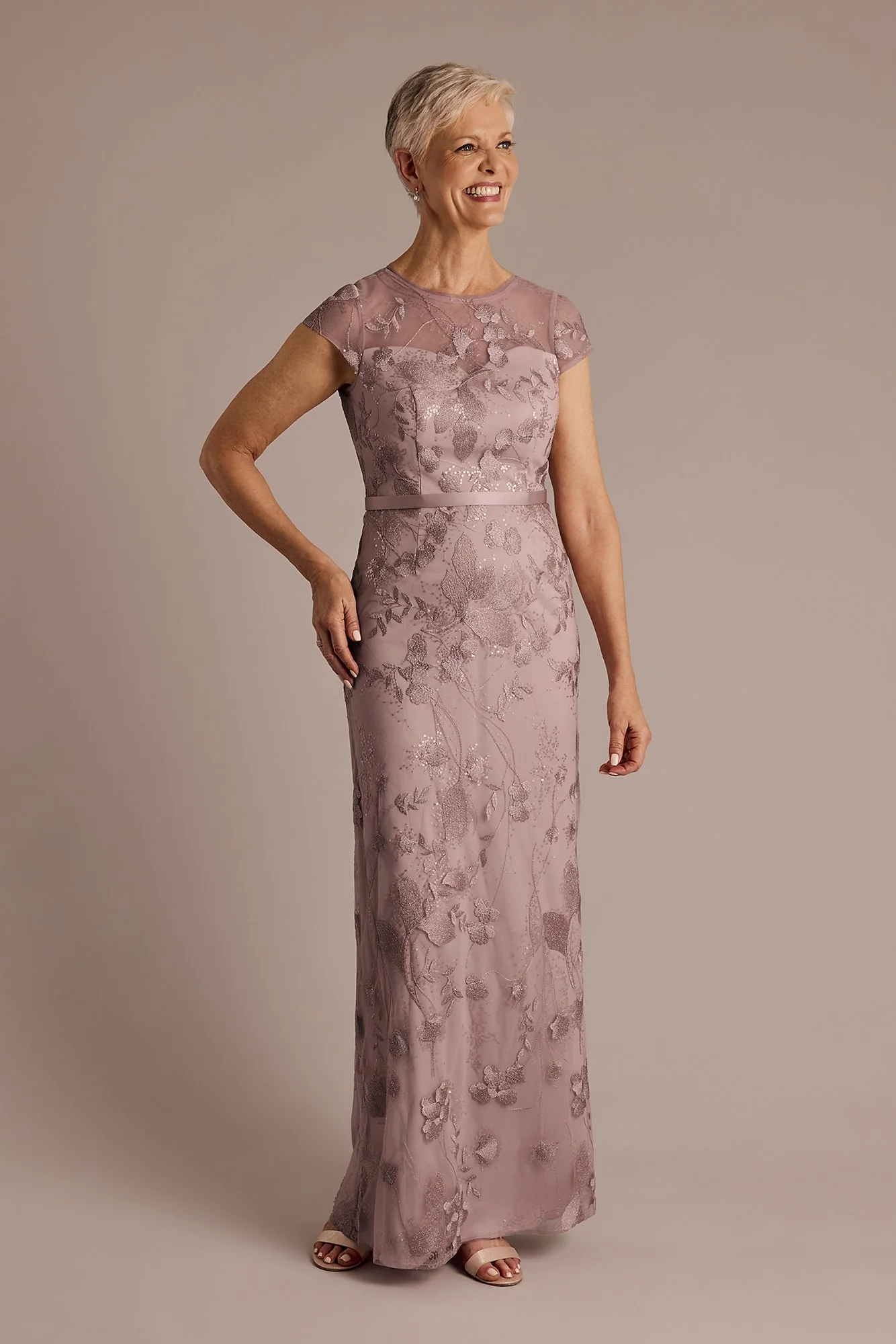 Illusion Short Sleeve Embroidered Sheath Dress