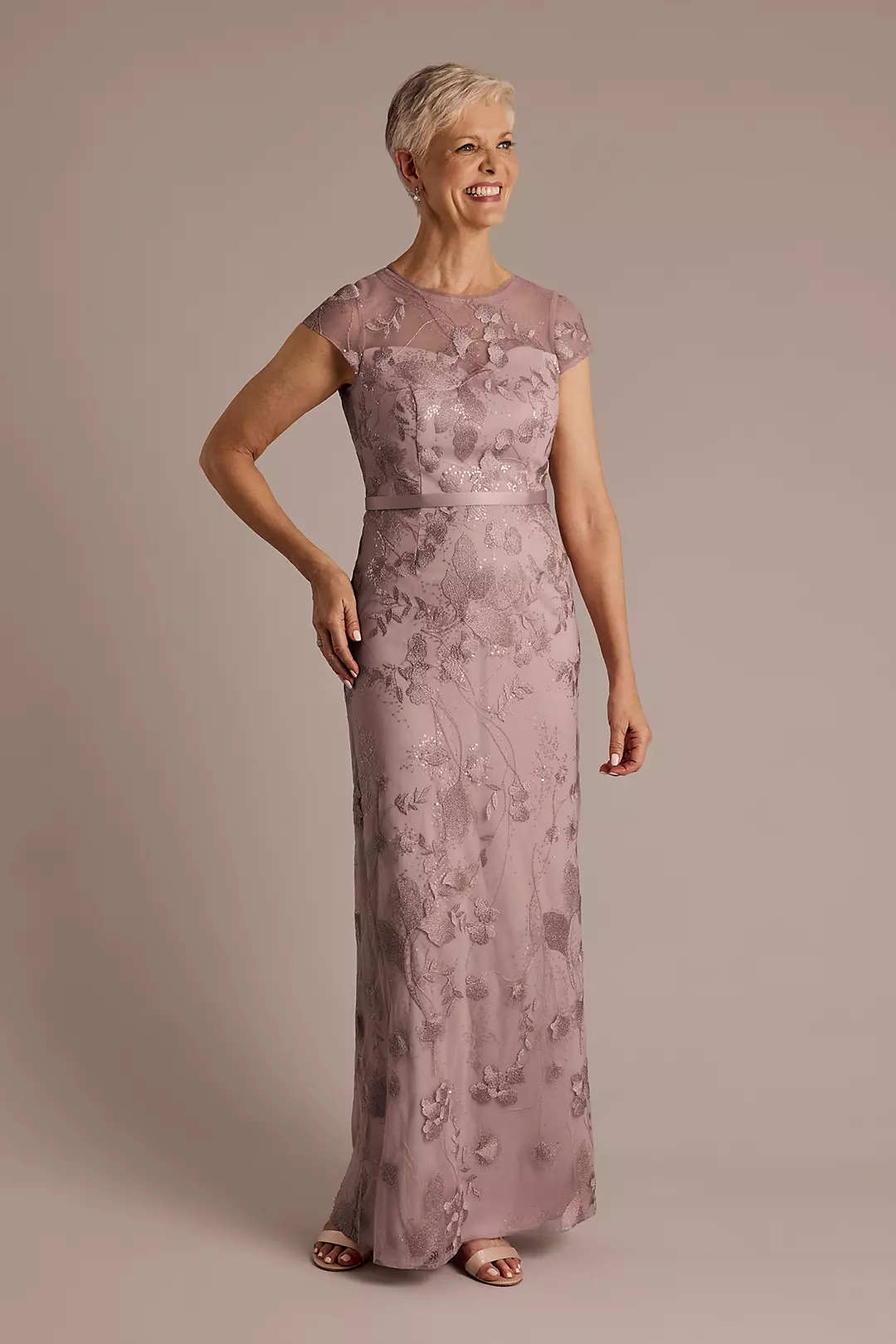 Illusion Short Sleeve Embroidered Sheath Dress - Image 3