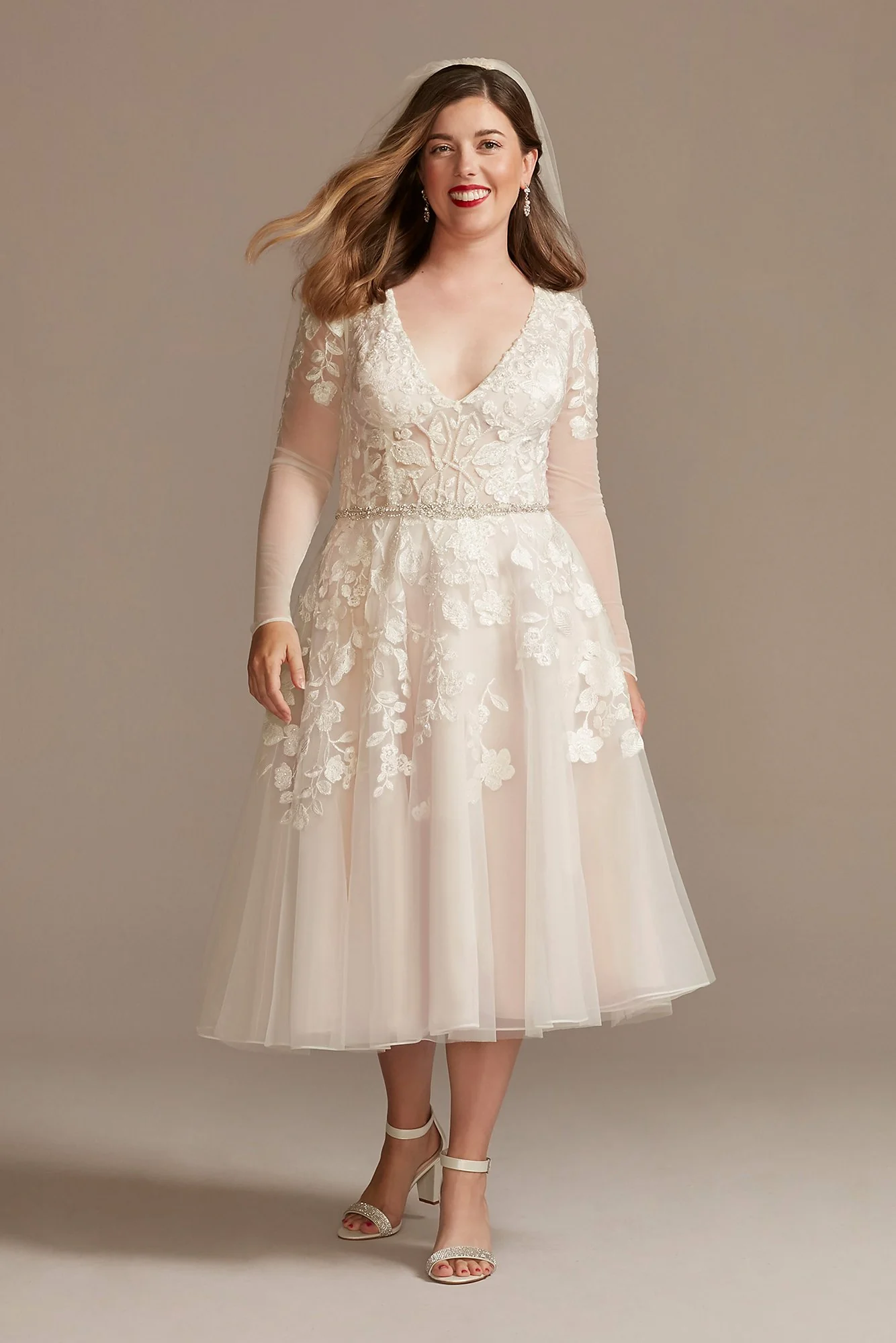 Illusion Sleeve Plunging Tea-Length Wedding Dress - Image 3