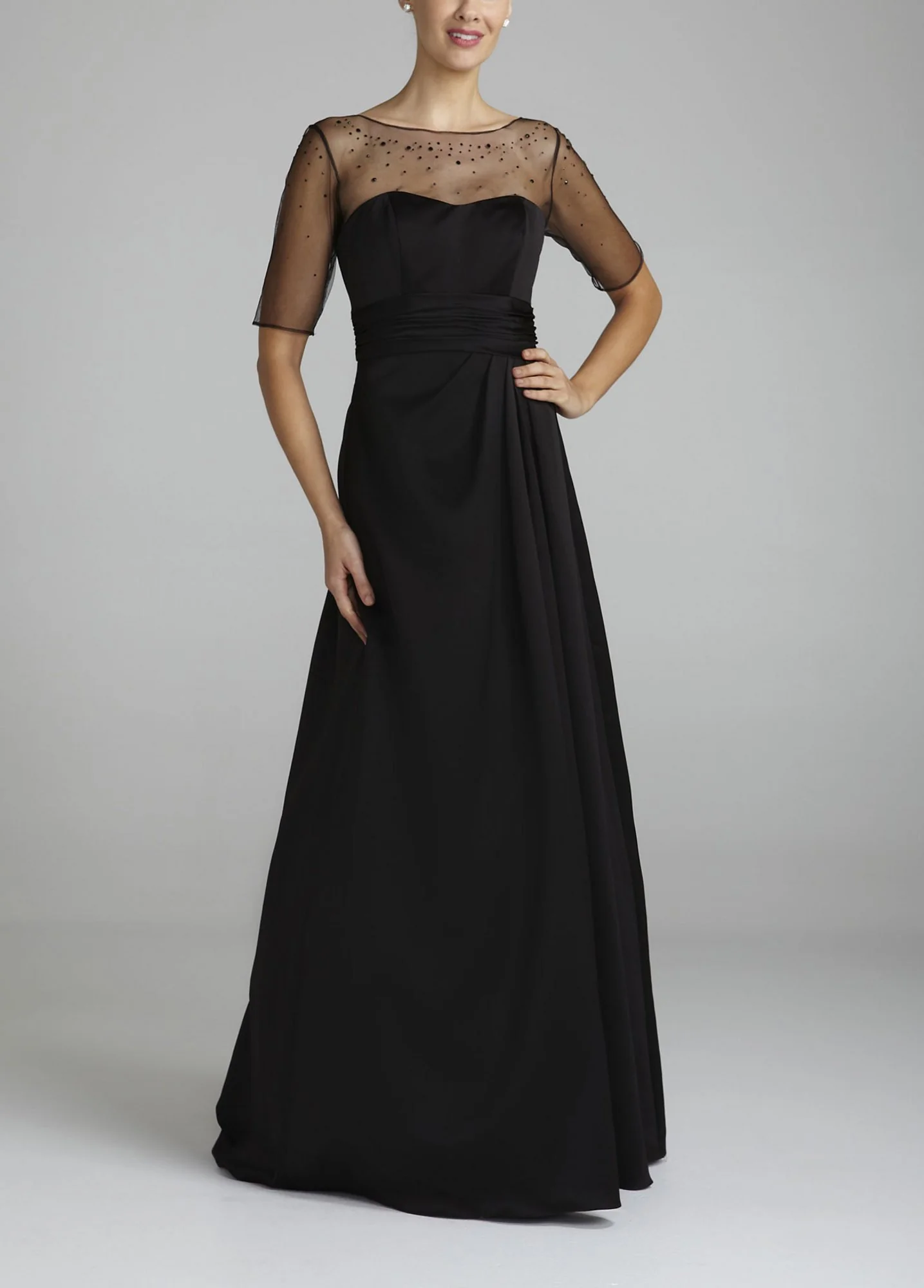 Illusion Sleeve Satin Tulle Ball Gown