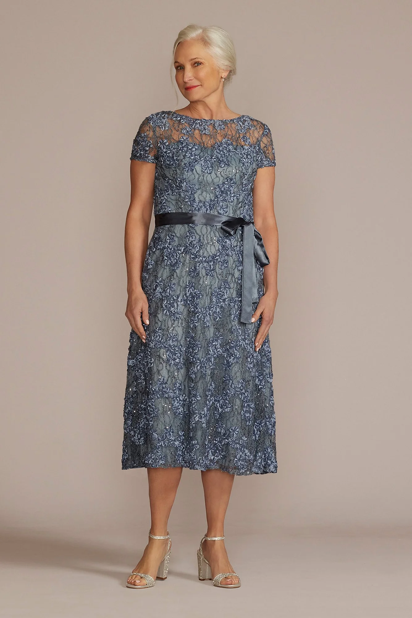 Illusion Sleeve Soutache Tea Length Dress - Image 2