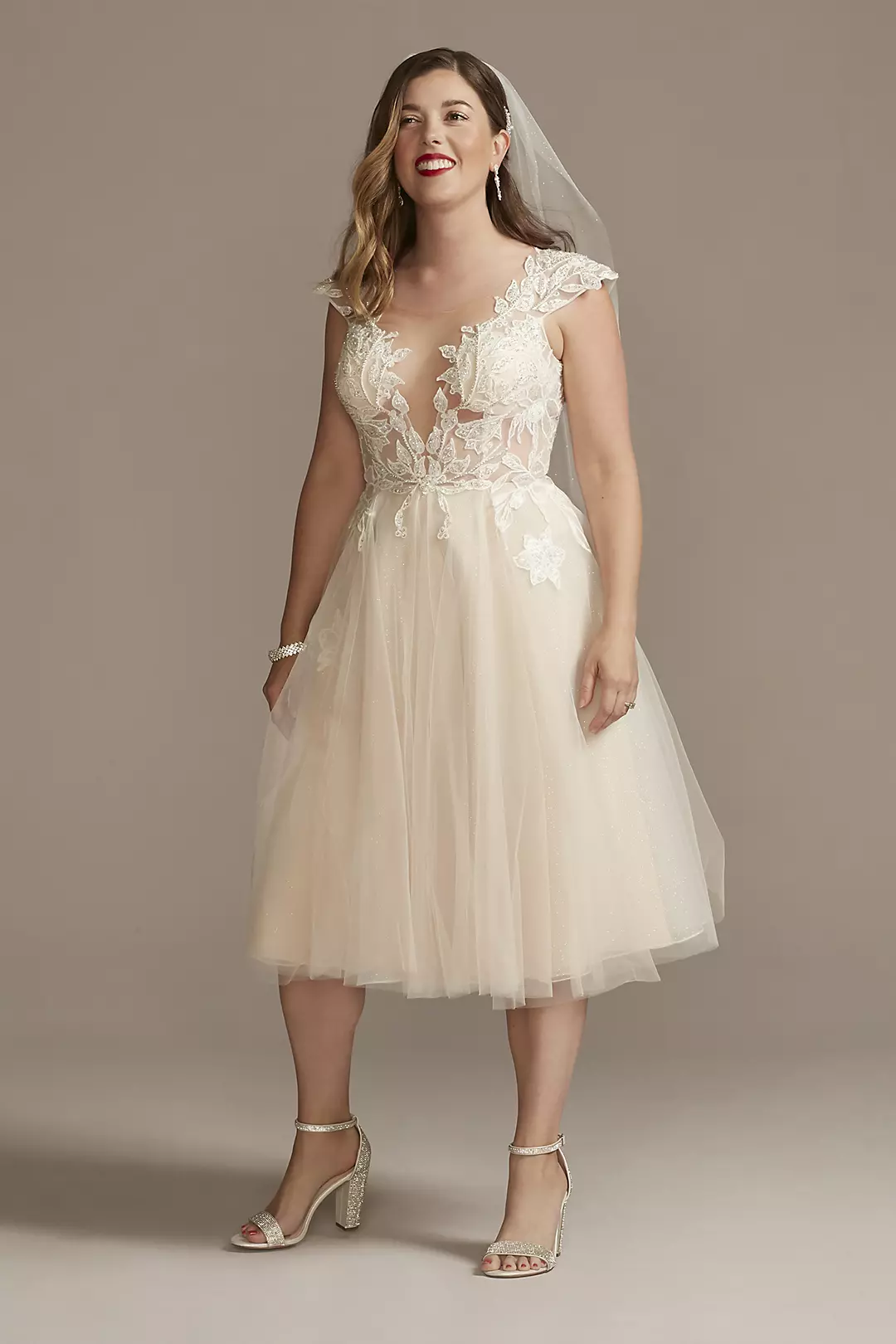 Illusion Sleeve Tea-Length Wedding Dress - Image 10