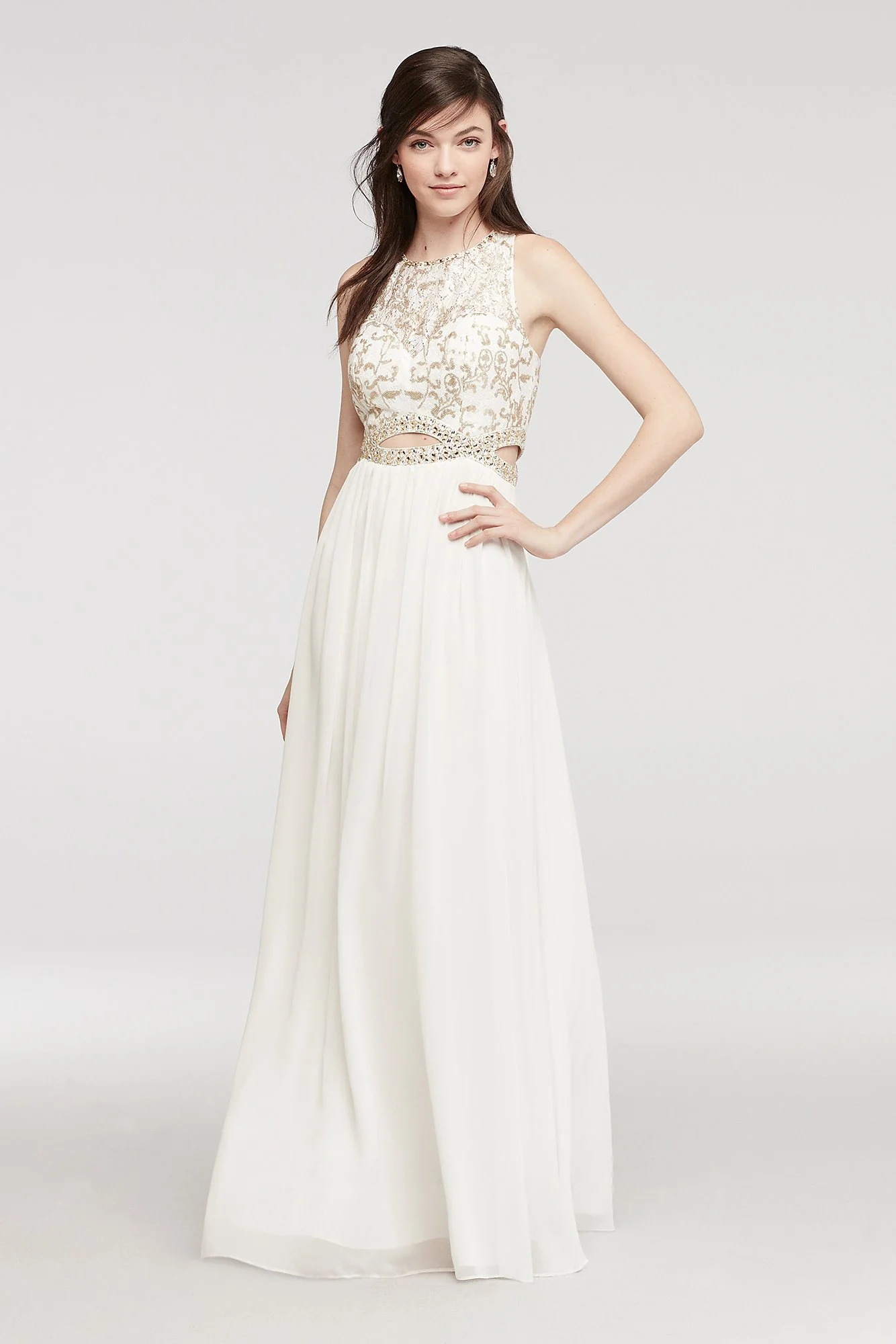 Illusion Tank Prom Dress with Gold Beaded Cutout