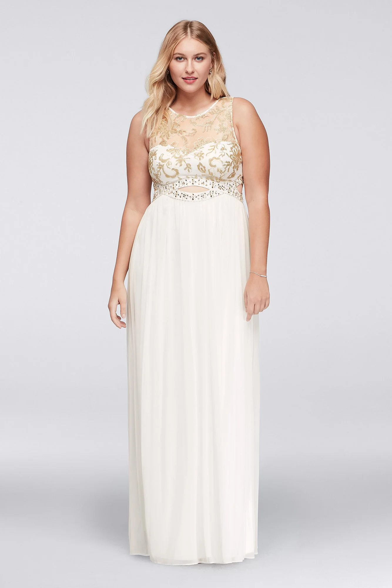 Illusion Tank Prom Dress with Gold Beaded Cutout - Image 3