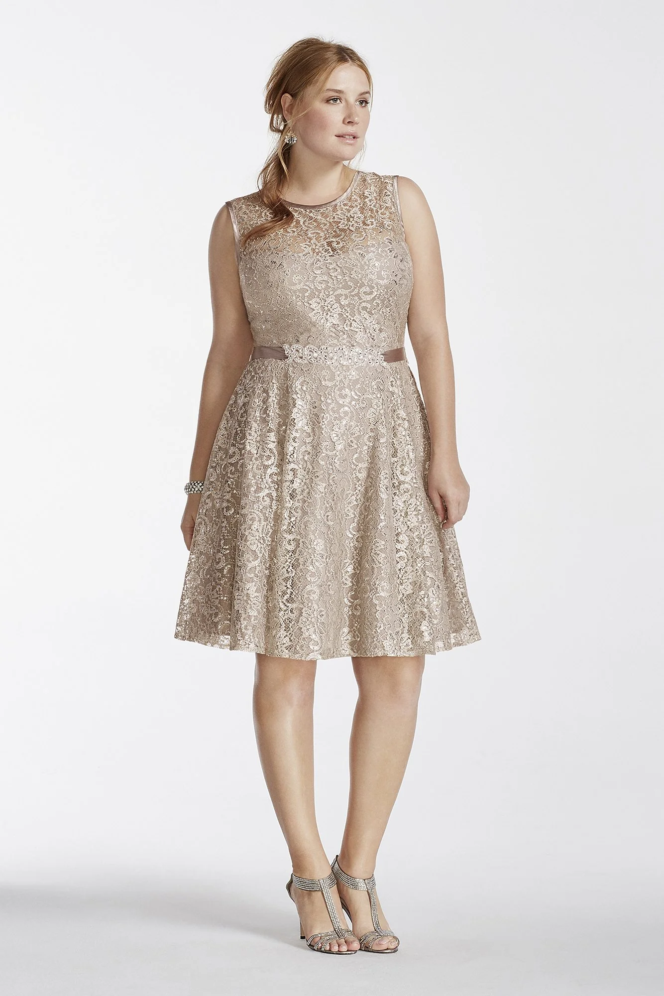 Illusion Tank Shimmer Lace Dress with Beaded Sash - Image 2