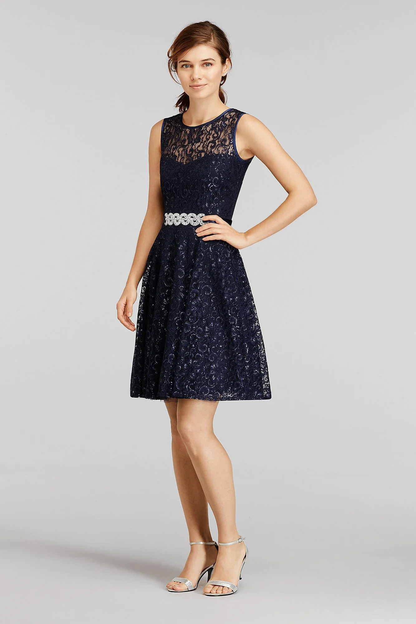 Illusion Tank Shimmer Lace Dress with Beaded Sash - Image 3