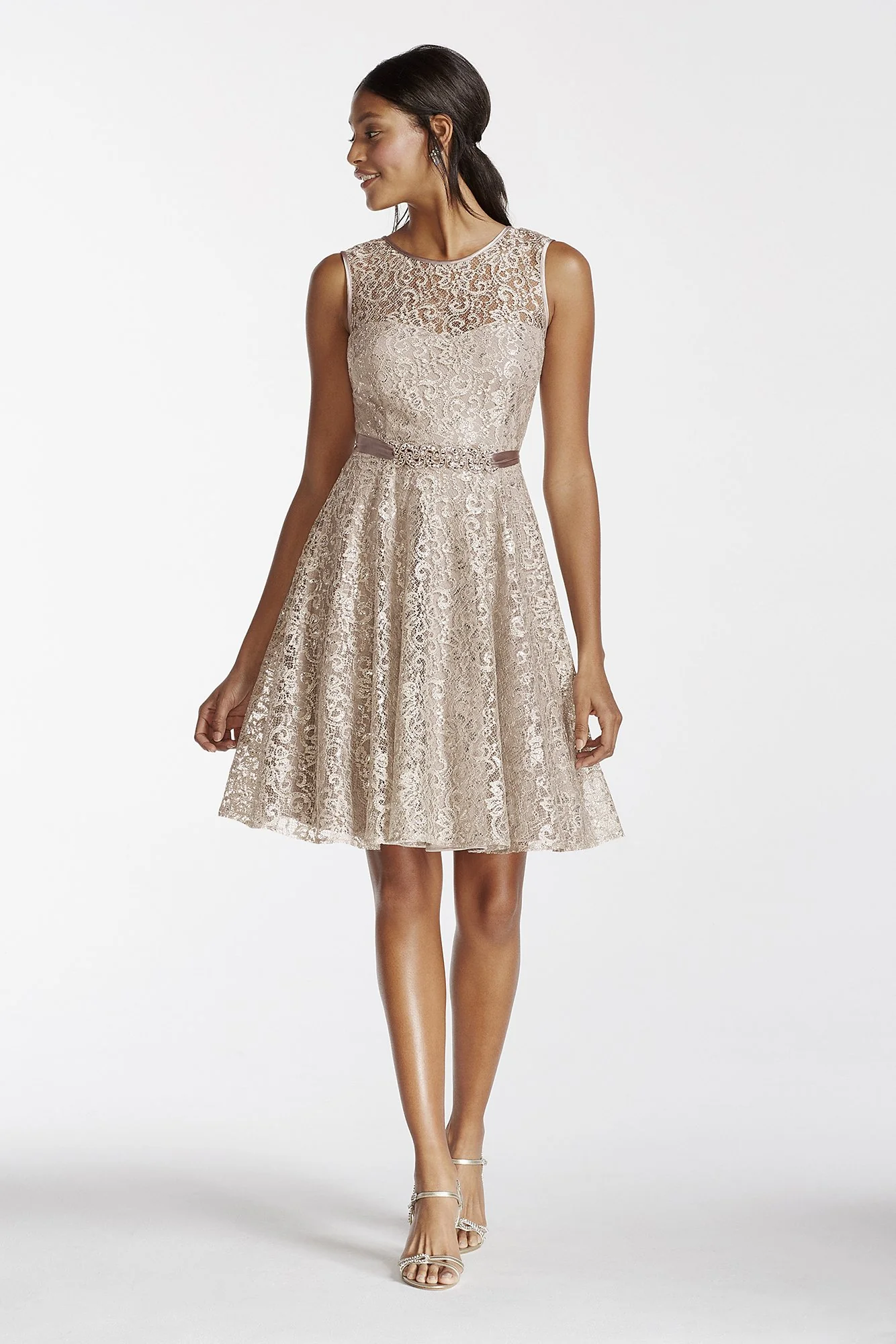 Illusion Tank Shimmer Lace Dress with Beaded Sash - Image 4