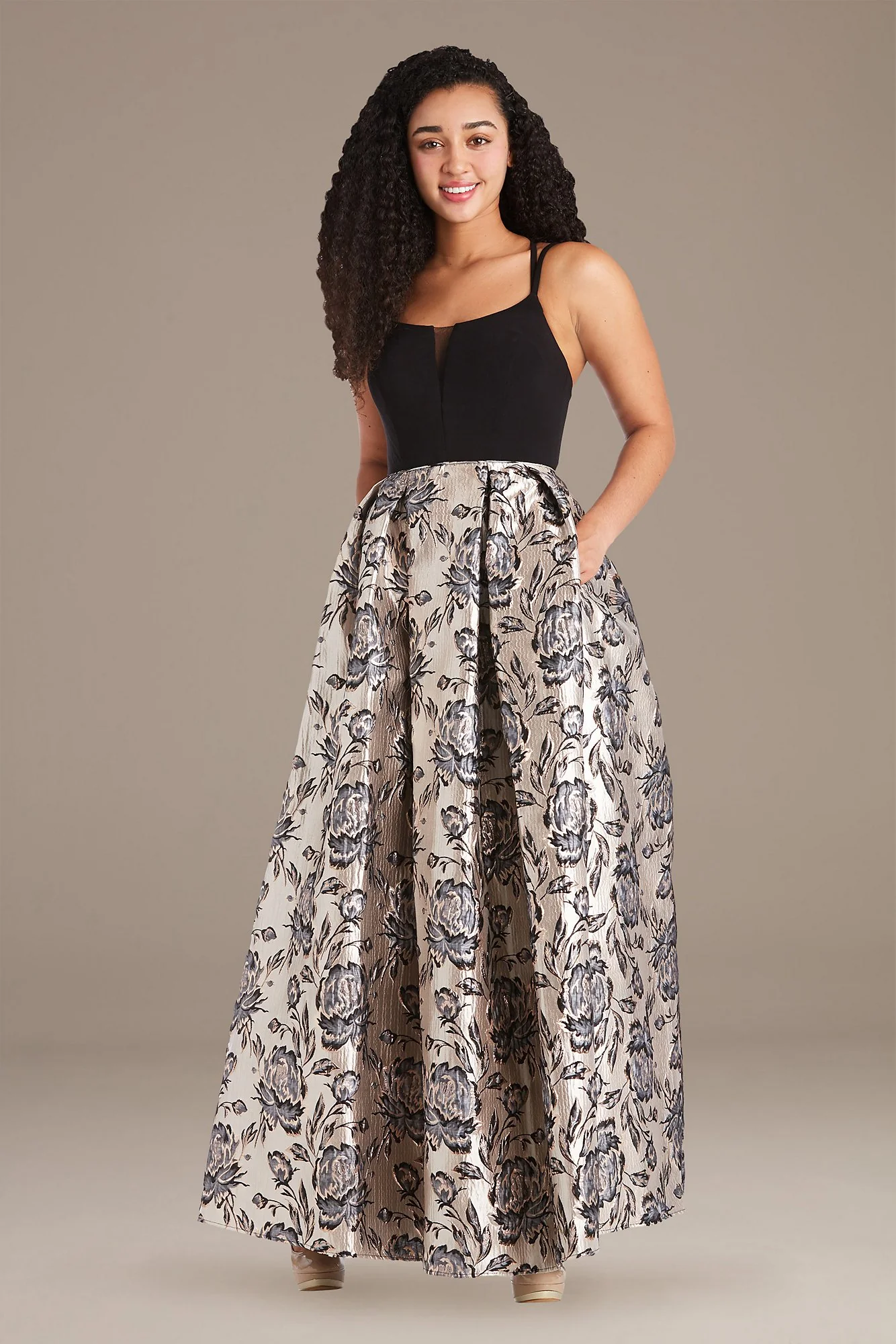 Illusion V-Neck Floral Brocade Ball Gown - Image 2
