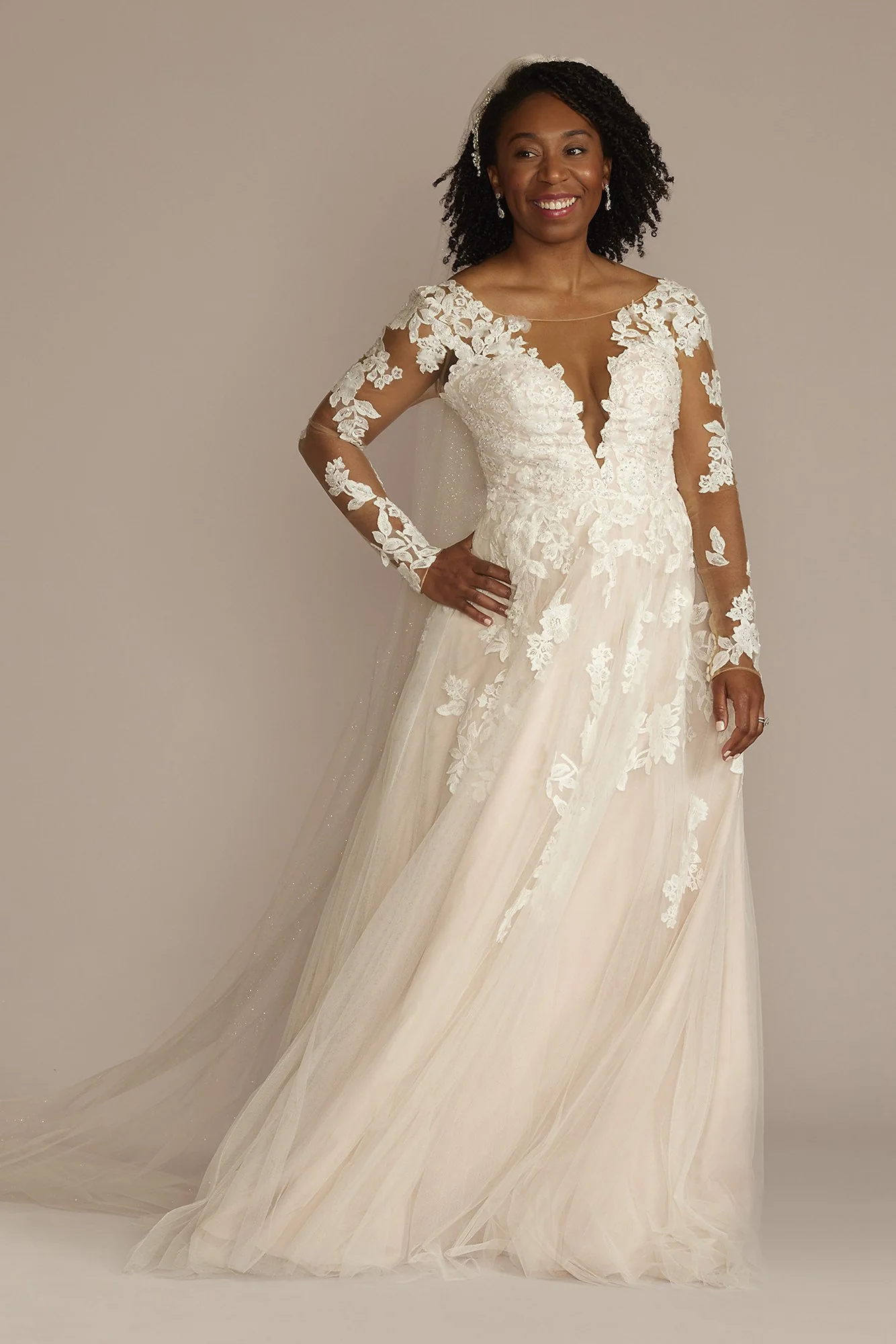 Illusion V-Neck Long Sleeve Lace Wedding Gown - Image 15
