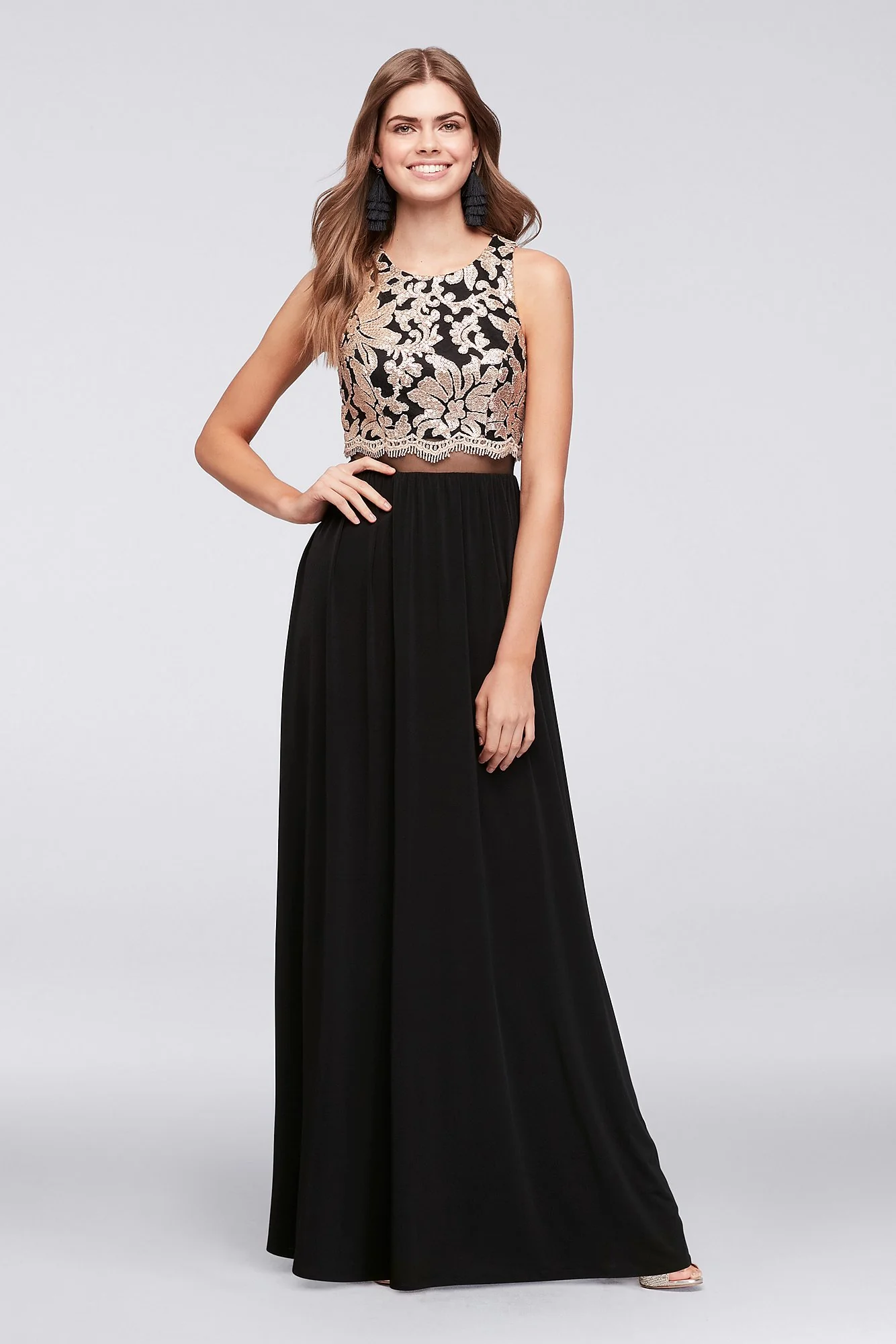 Illusion Waist Jersey Gown with Sequined Bodice