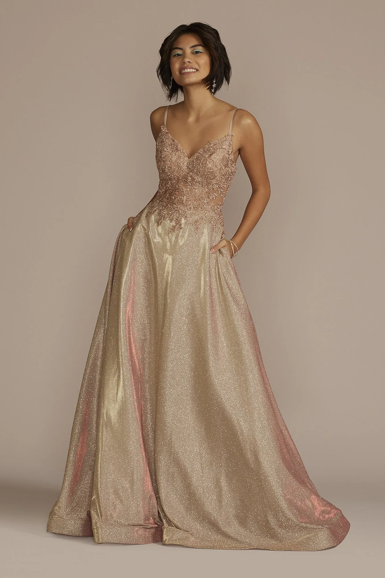 Iridescent Ball Gown with Illusion Lace Applique