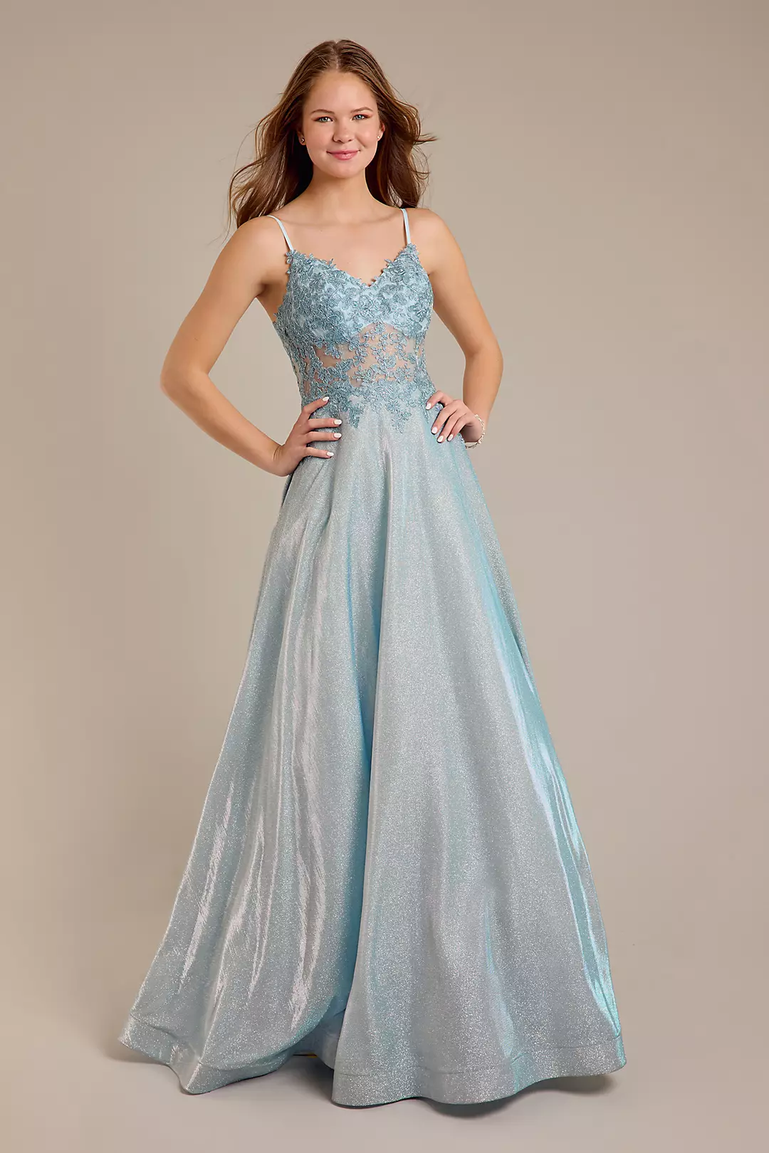 Iridescent Ball Gown with Illusion Lace Applique - Image 5