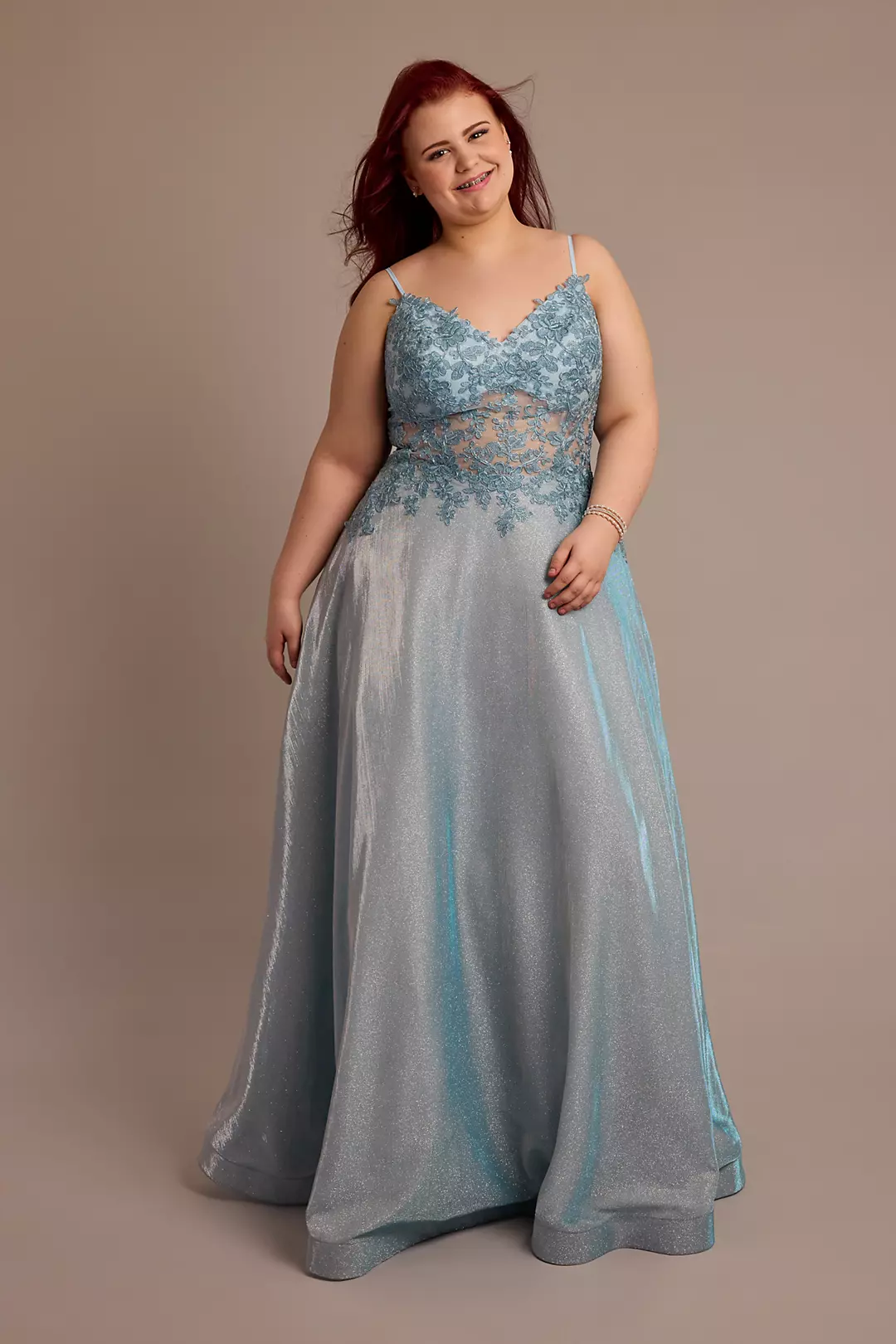 Iridescent Ball Gown with Illusion Lace Applique - Image 9