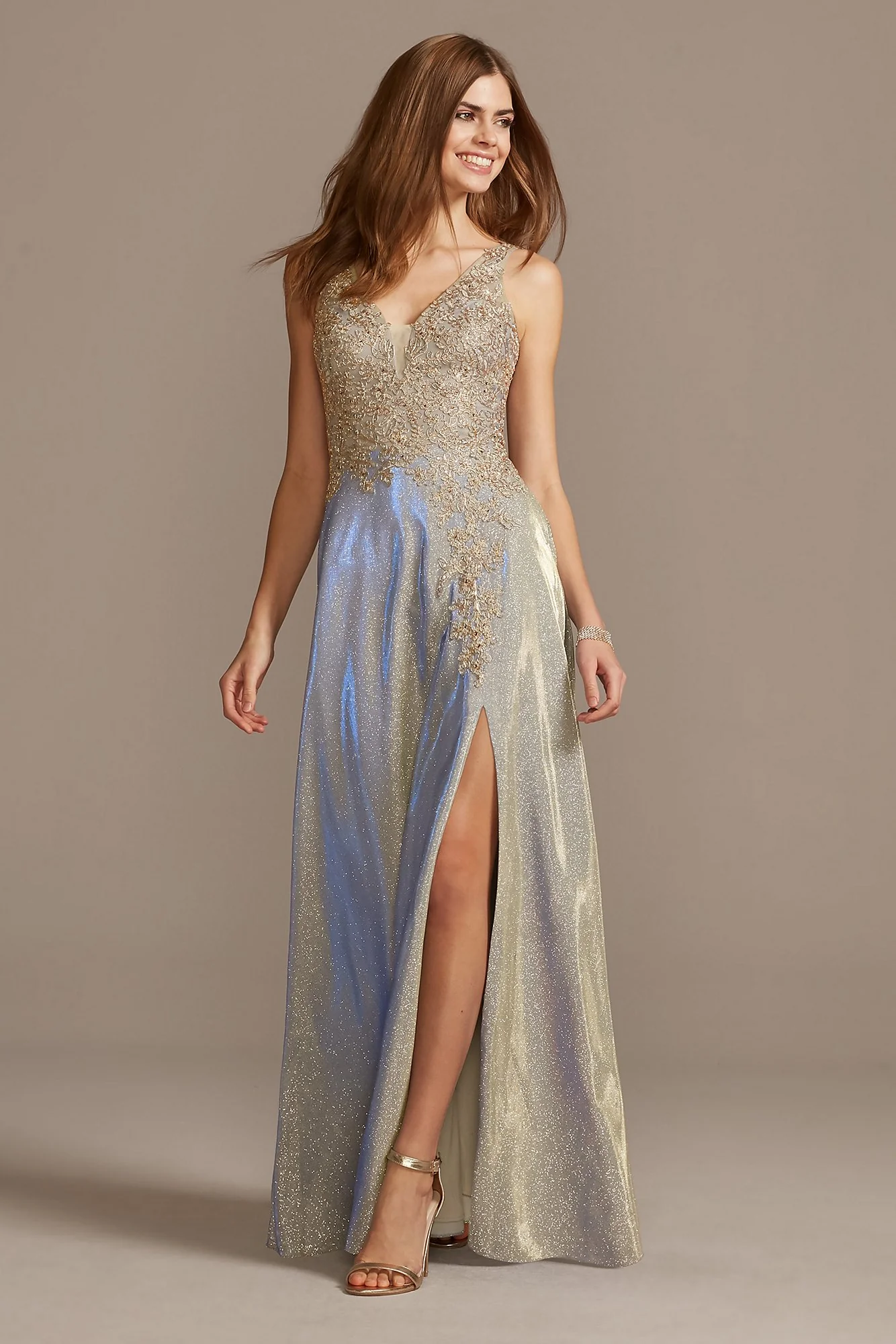 Iridescent Glitter Metallic Gown with Applique - Image 3