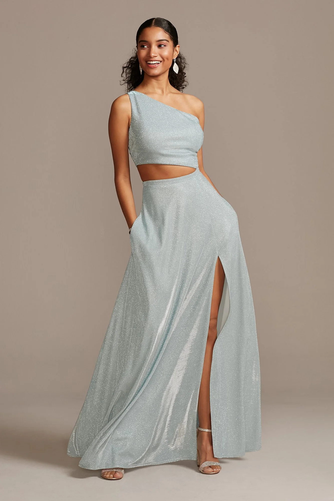 Iridescent Glitter One Shoulder Gown with Cutout