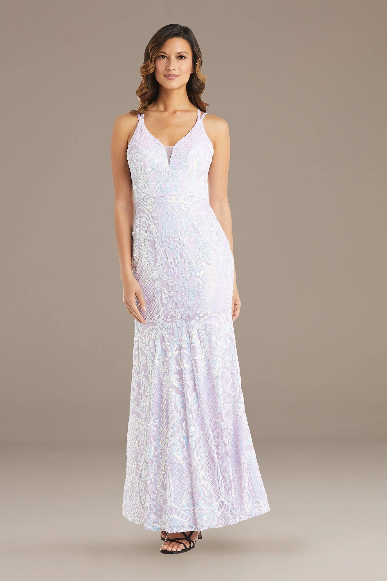 Iridescent Sequin Filigree Gown with Strappy Back