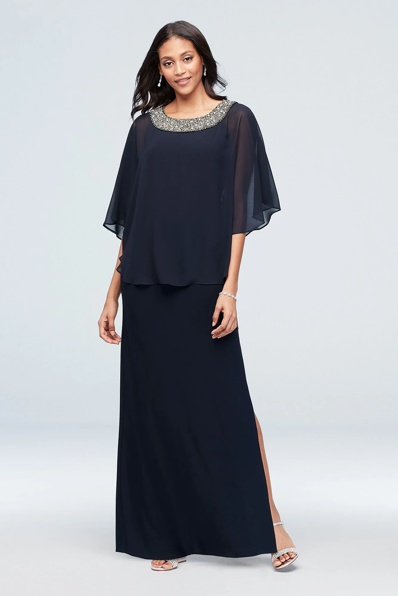 Jersey A-Line Capelet Dress with Beaded Neck