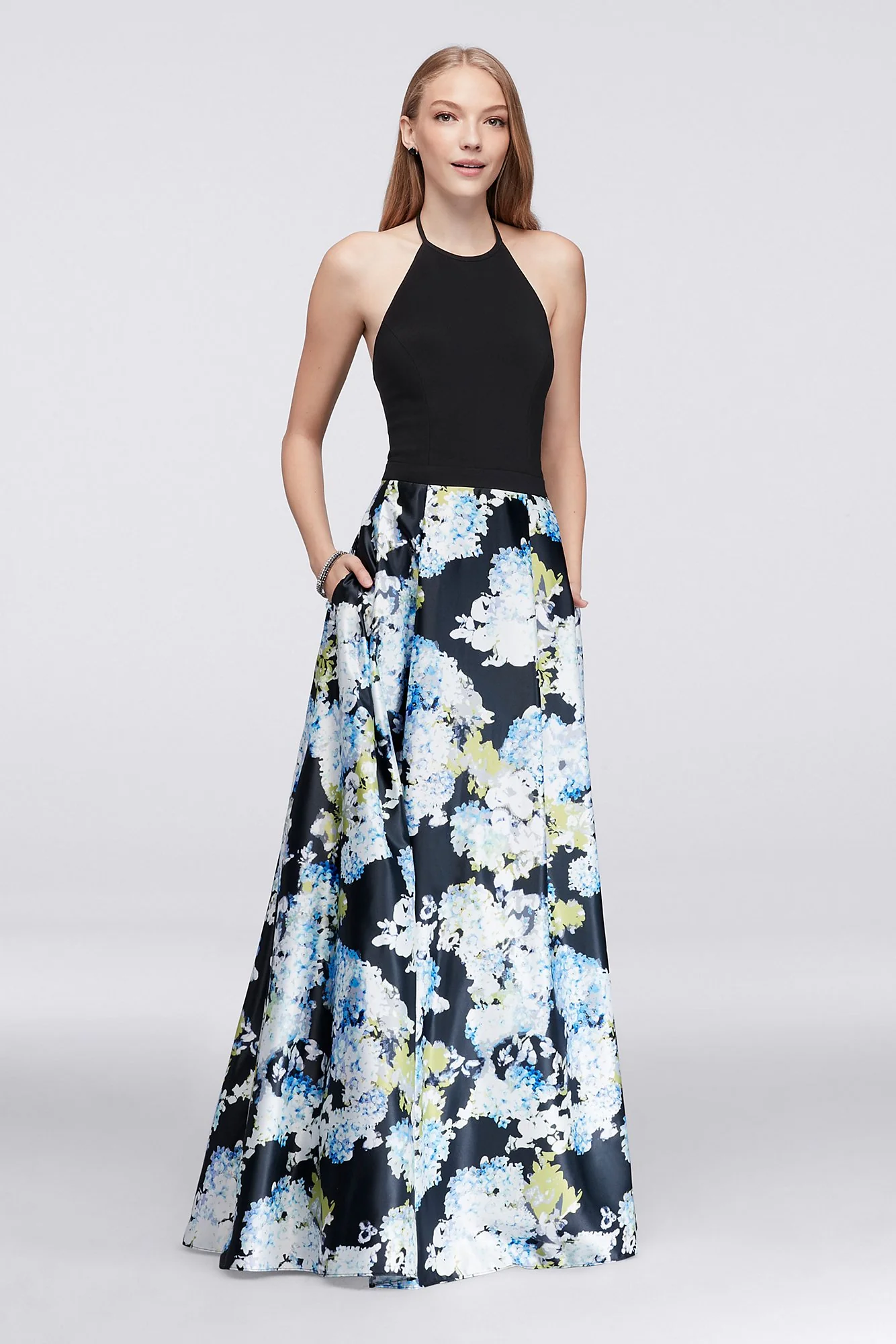 Jersey and Printed Charmeuse Halter Ball Gown - Image 3