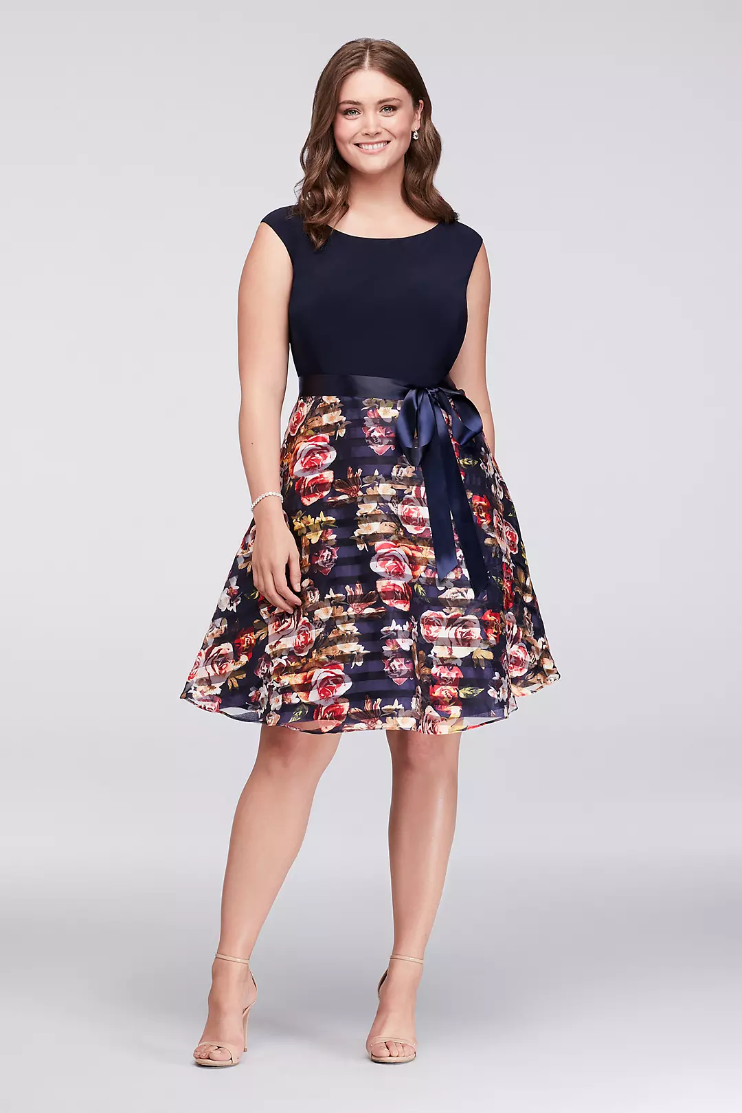 Jersey and Striped Floral Organza Party Dress - Image 4