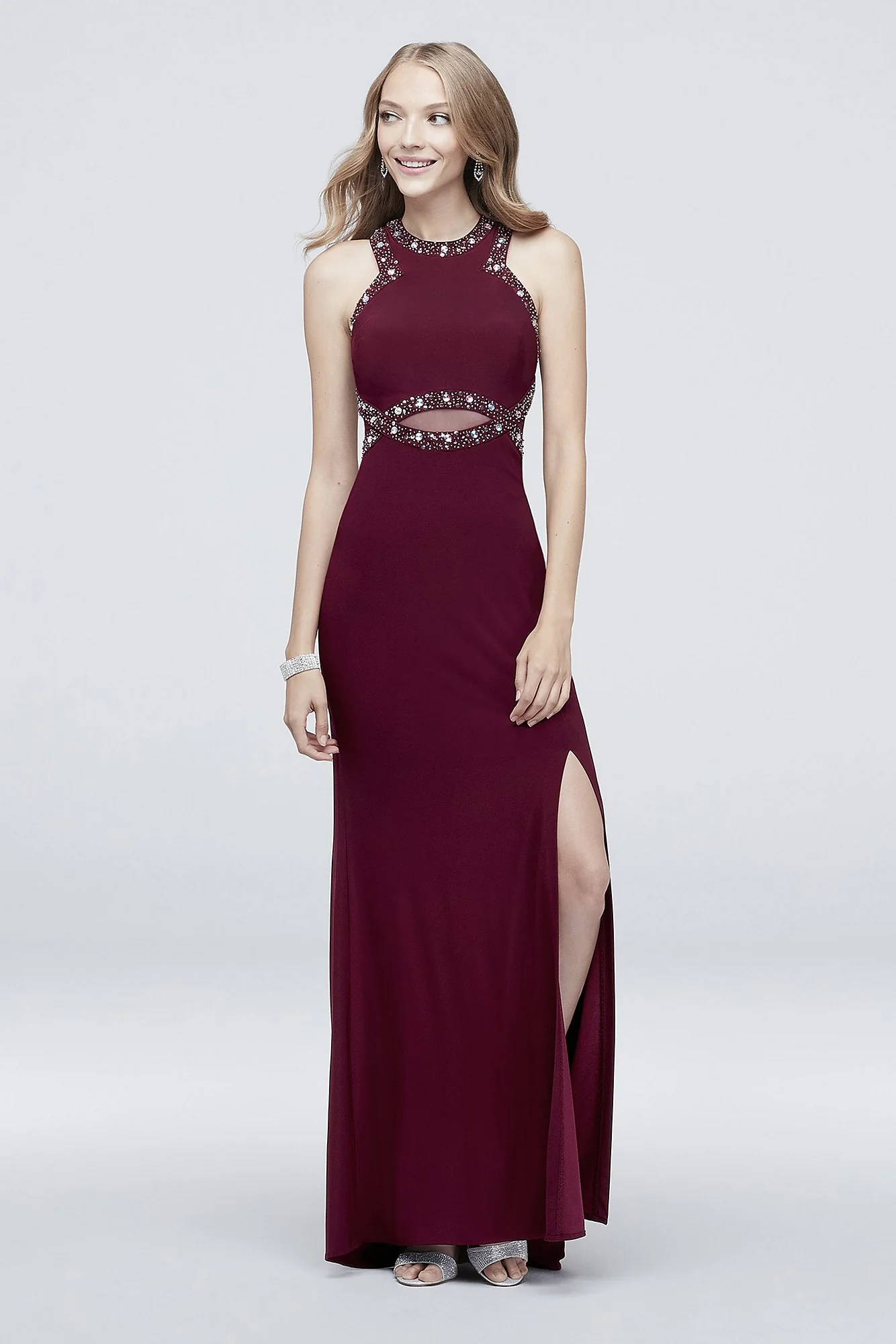 Jersey Beaded Illusion Sheath Dress with Slit