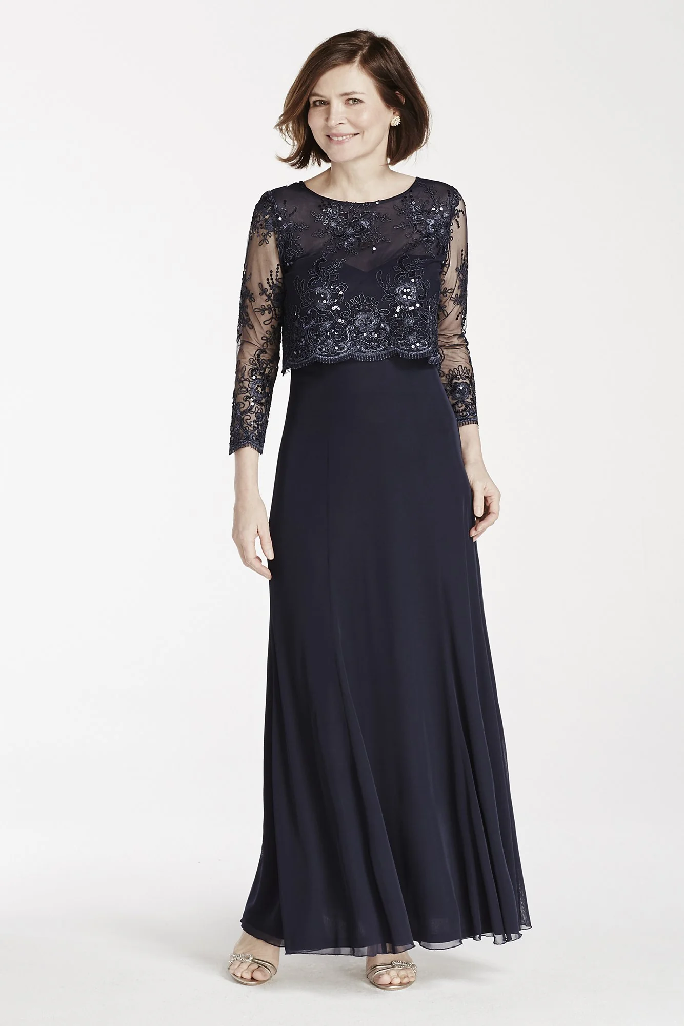 Jersey Dress with 3/4 Sleeve Beaded Lace Pop Over