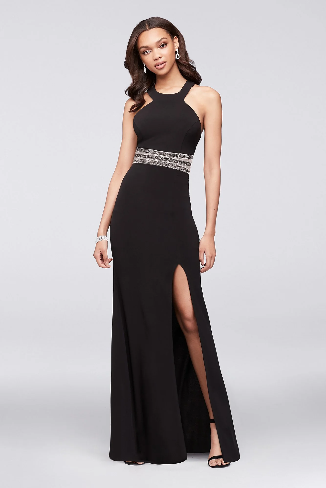 Jersey Halter Gown with Beaded Illusion Waist