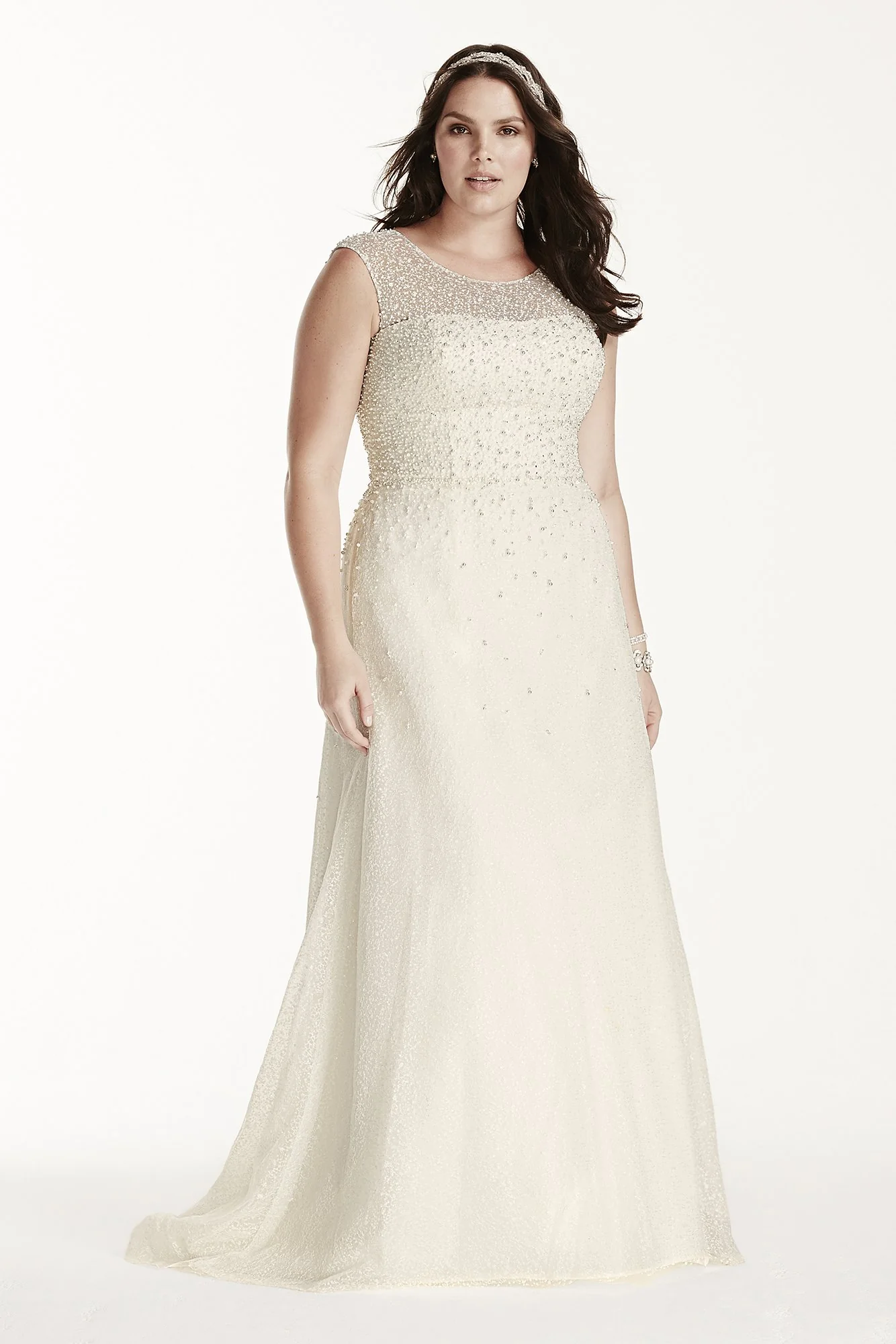 Jewel Cap Sleeve Wedding Dress with Pearl Details - Image 3