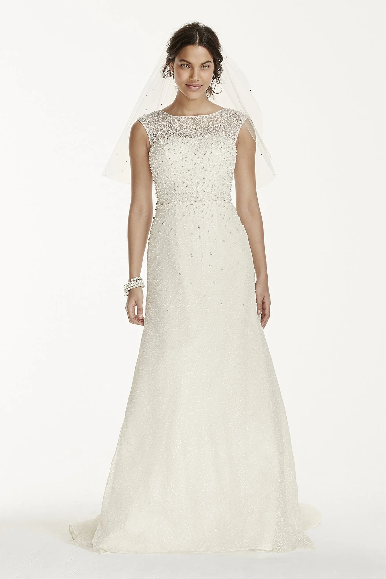 Jewel Cap Sleeve Wedding Dress with Pearl Details - Image 4
