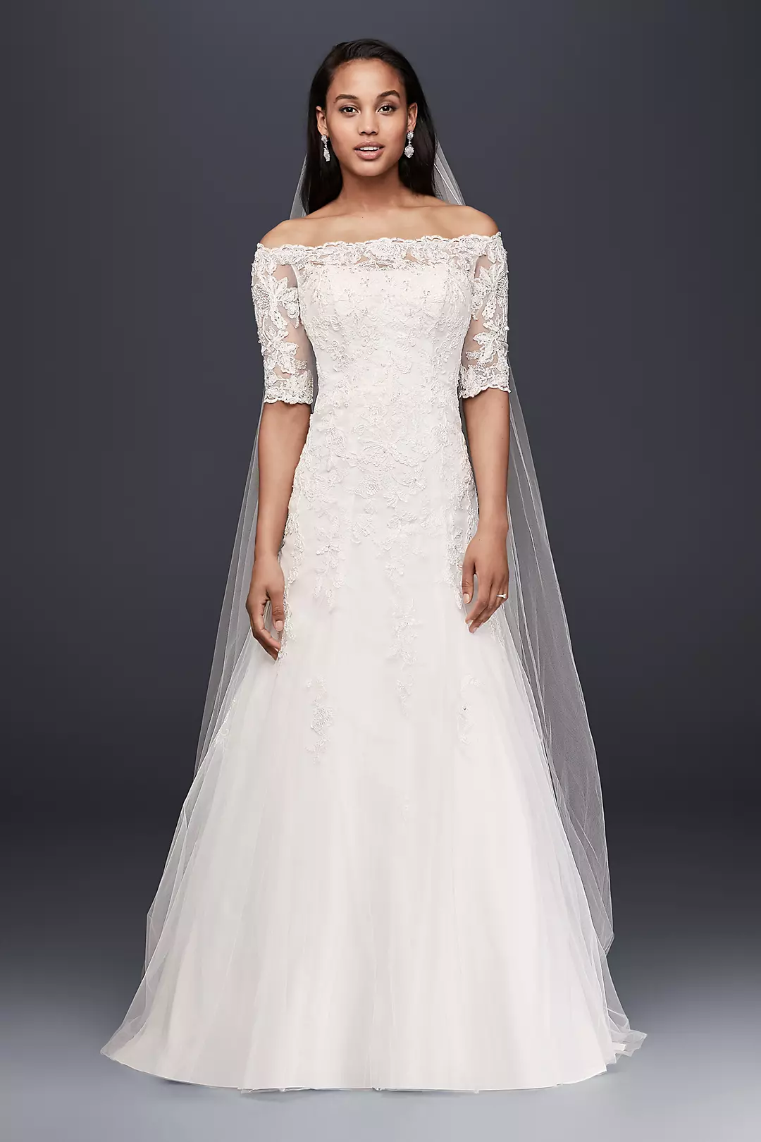 Jewel Off the Shoulder 3/4 Sleeve Wedding Dress - Image 10