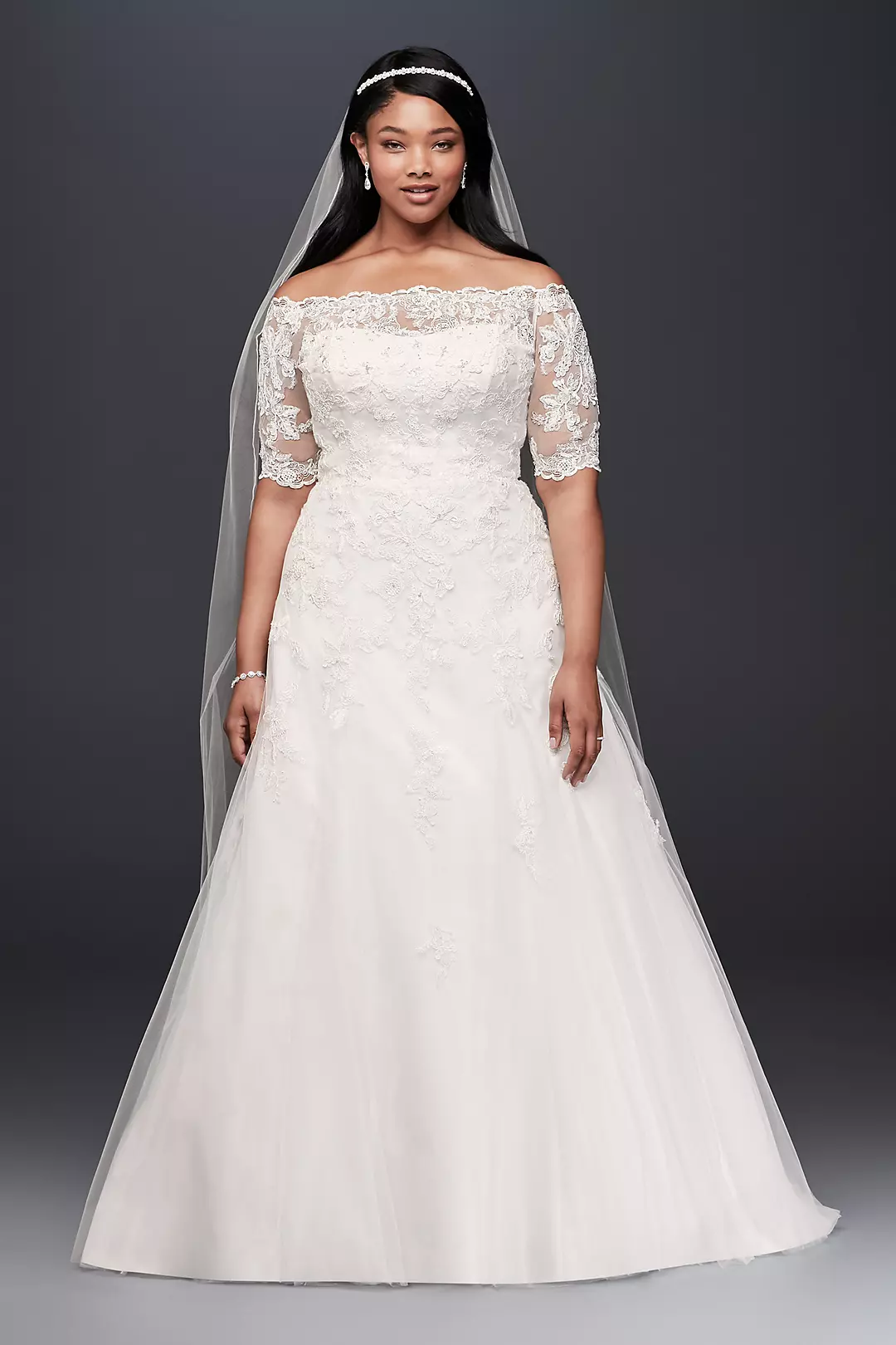 Jewel Off the Shoulder 3/4 Sleeve Wedding Dress - Image 13