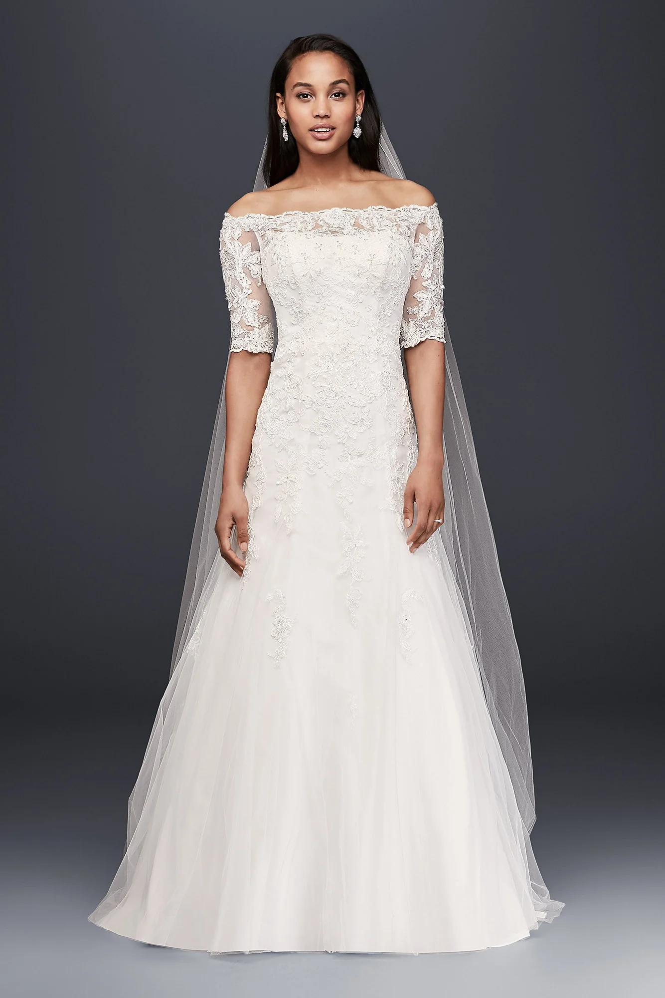 Jewel Off the Shoulder 3/4 Sleeve Wedding Dress - Image 4