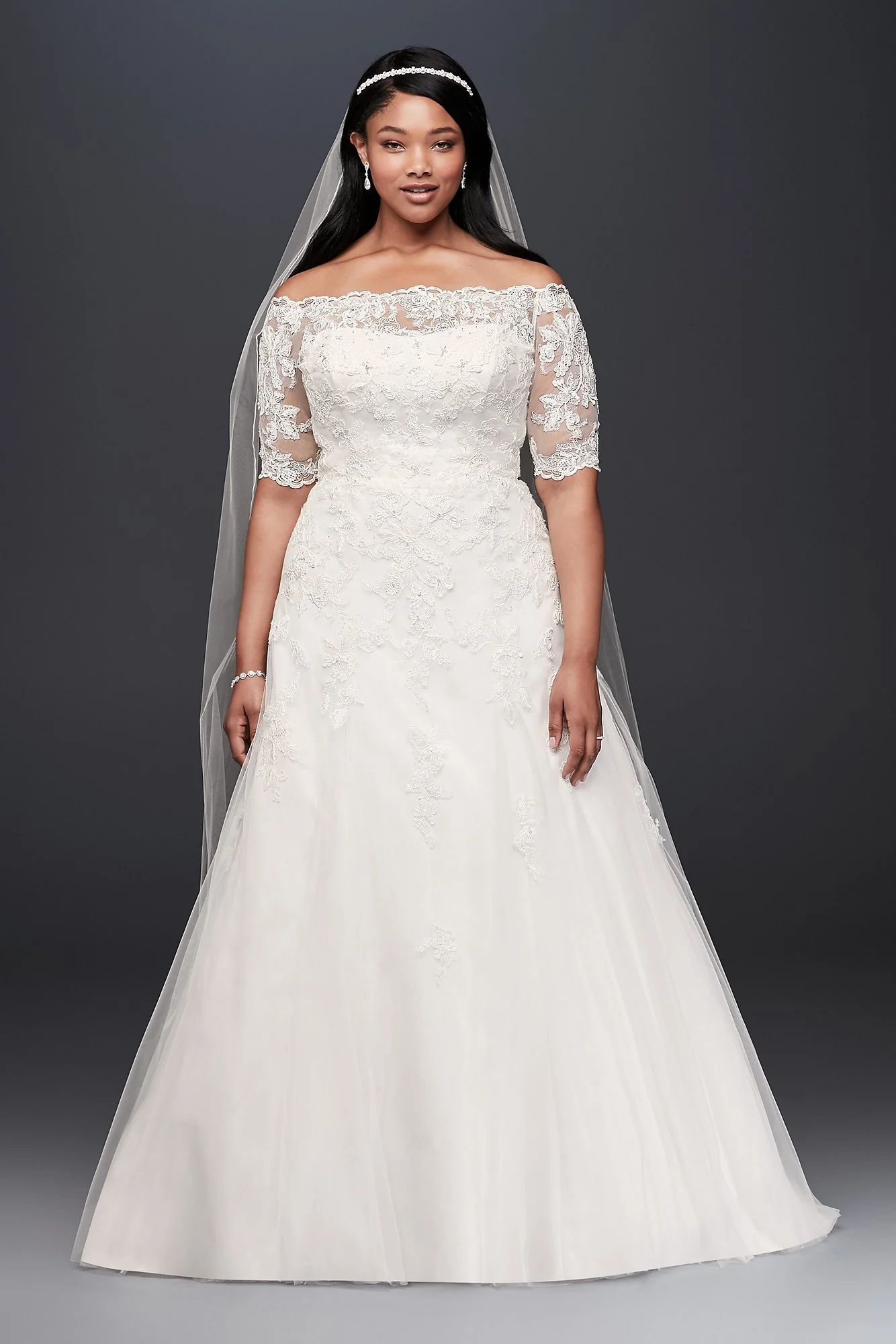 Jewel Off the Shoulder 3/4 Sleeve Wedding Dress - Image 7