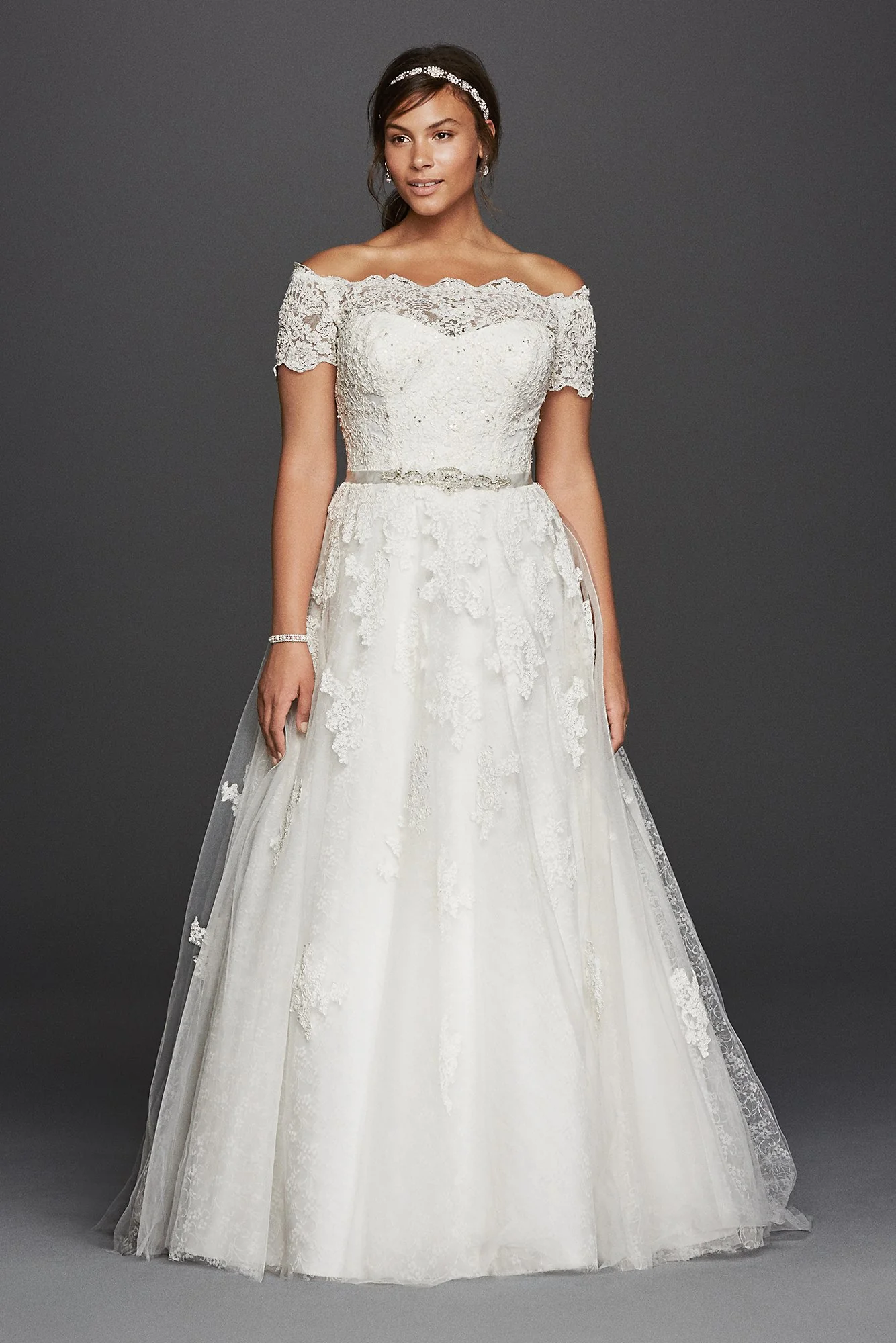 Jewel Short Sleeve Off The Shoulder Wedding Dress - Image 4
