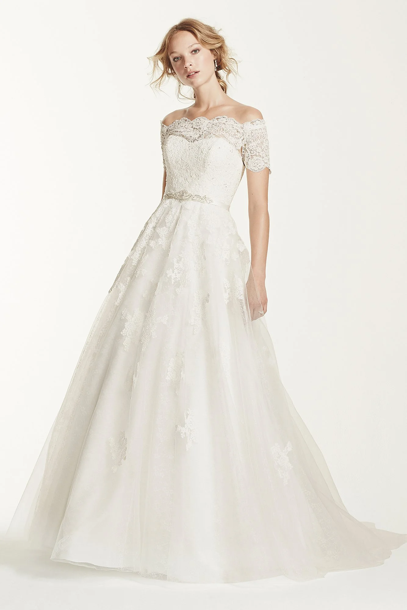 Jewel Short Sleeve Off The Shoulder Wedding Dress - Image 7
