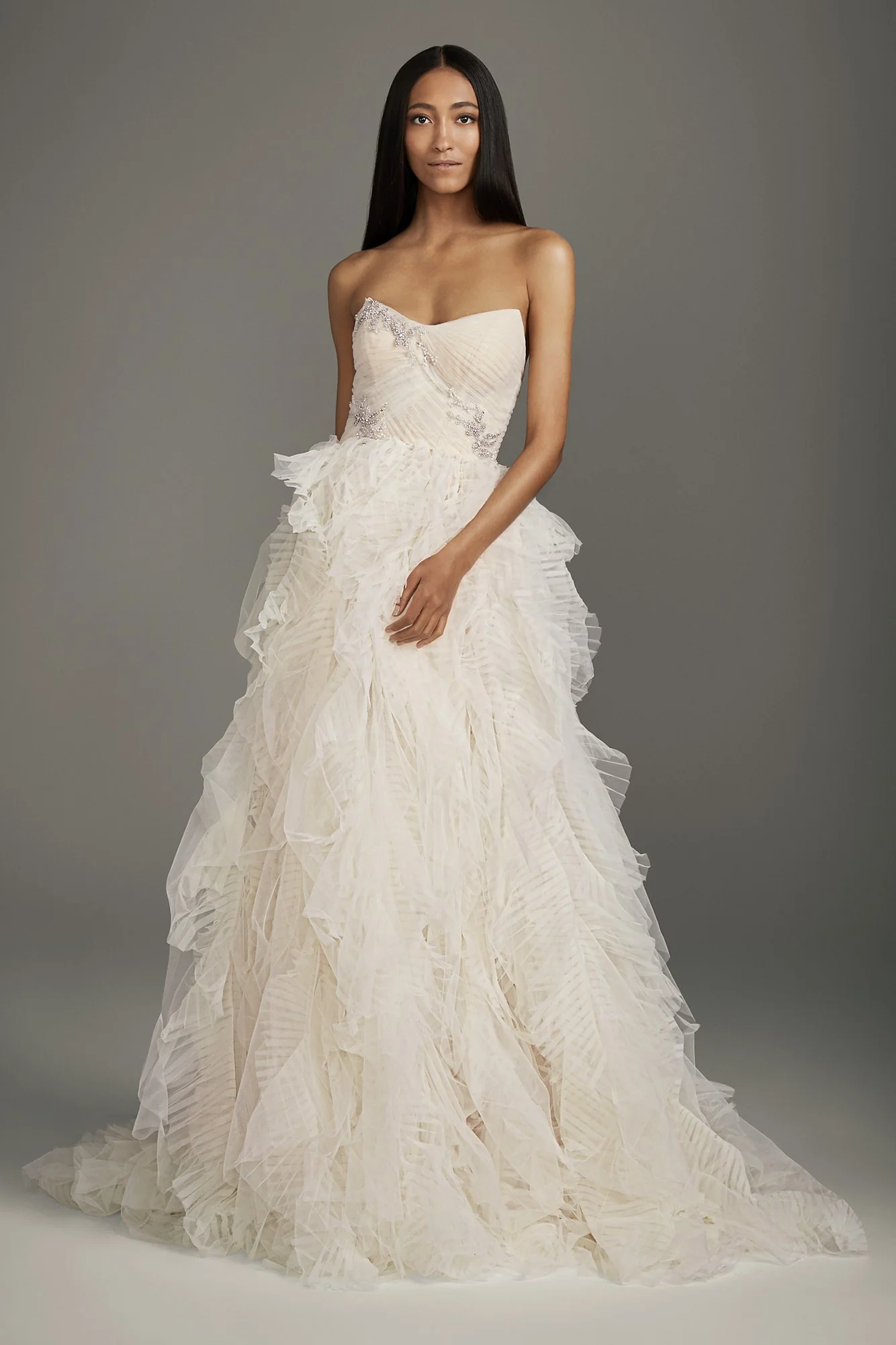 Jeweled Applique Pleated Organza Wedding Dress