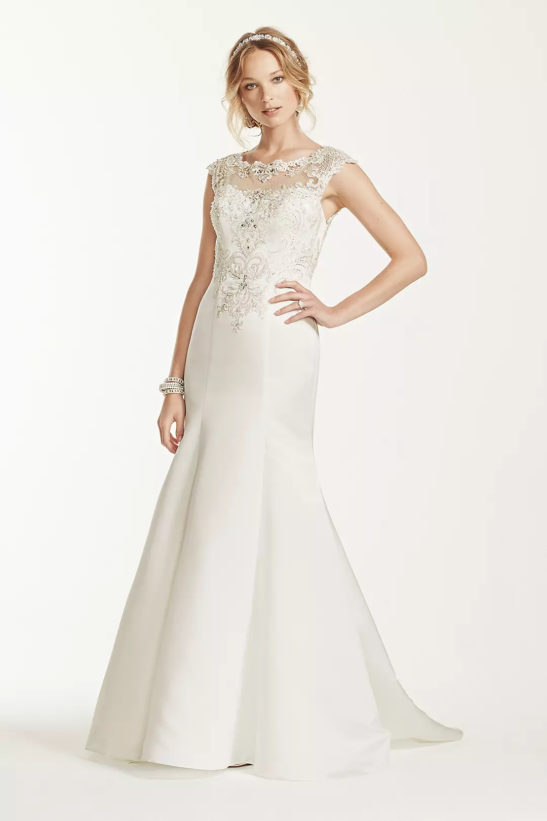 Jeweled Cap Sleeve Illusion Neckline Wedding Dress - Image 11
